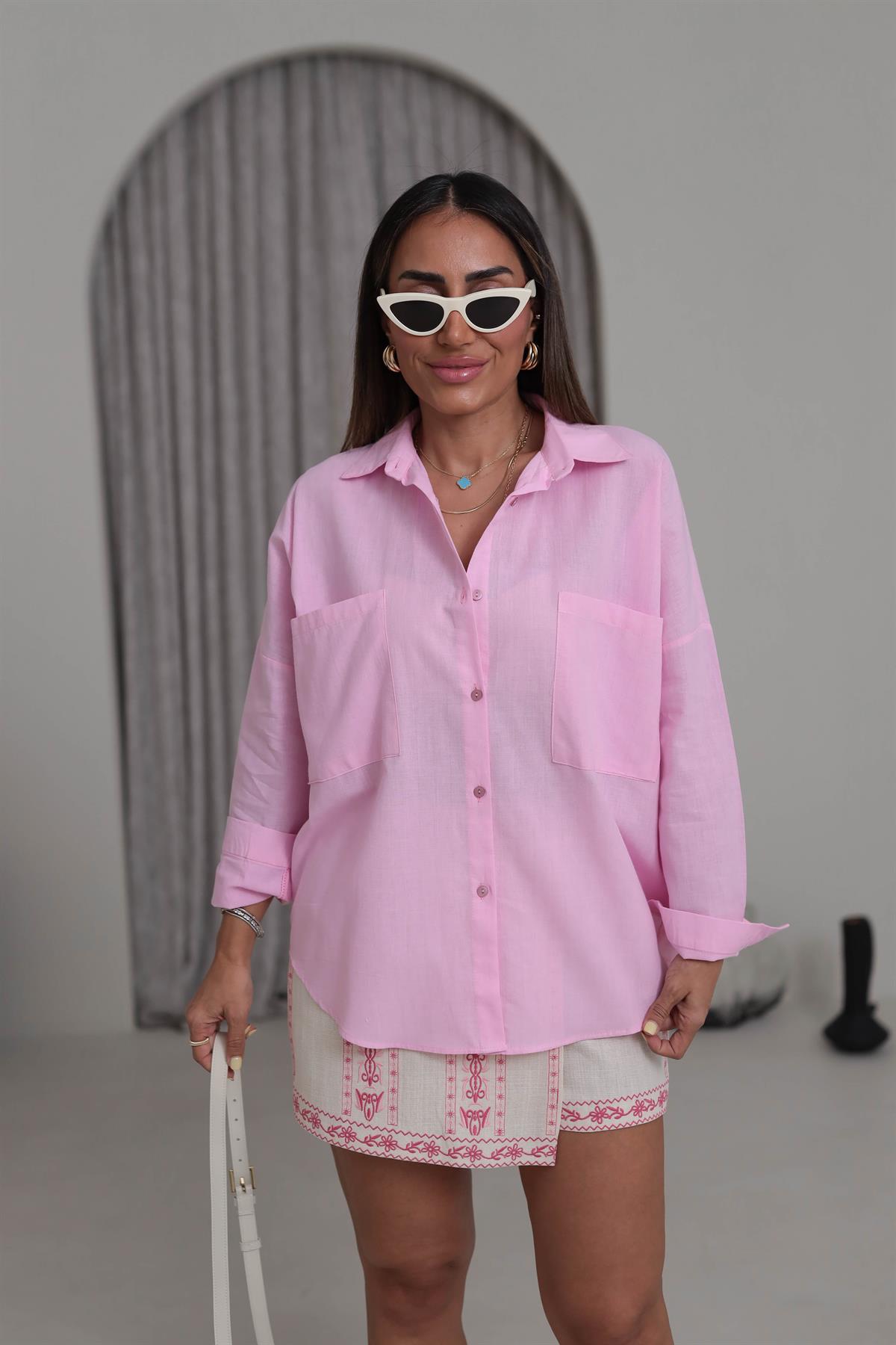 8057 Cep Detaylı Pamuklu Gömlek PEMBE