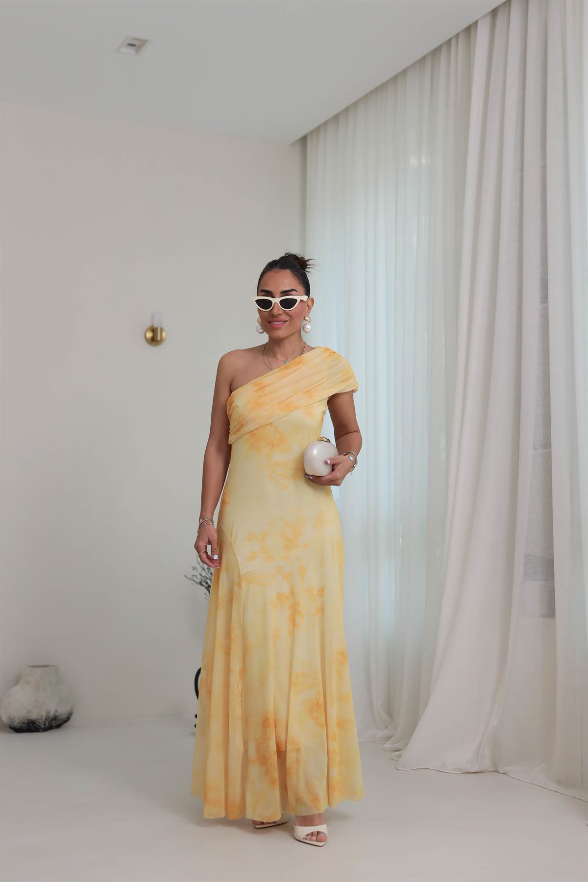 5177 Tek Omuz Drape Detaylı Parçalı Tül Elbise SARI
