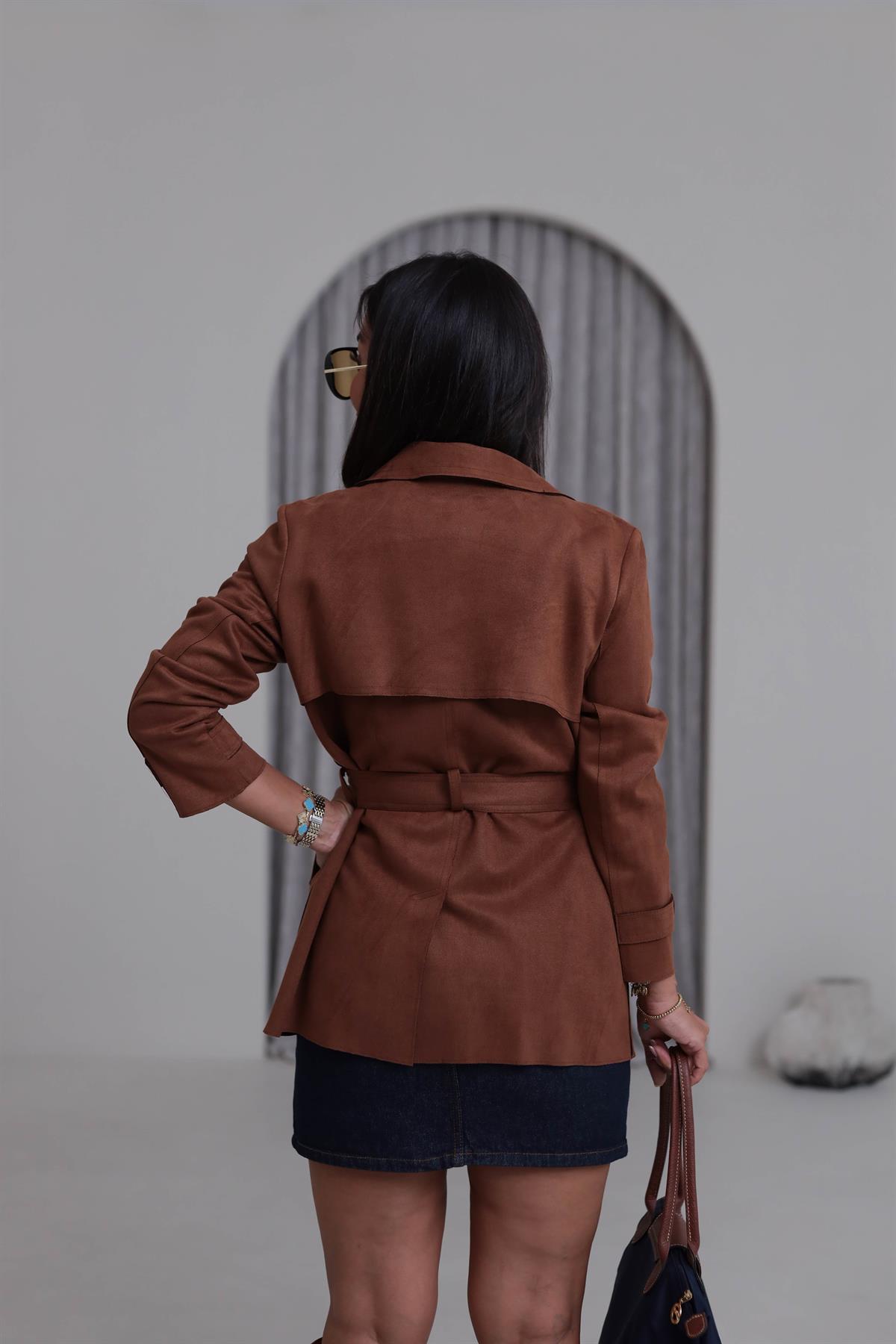 6266 Süet Bel Kuşaklı Midi Trençkot TARÇIN