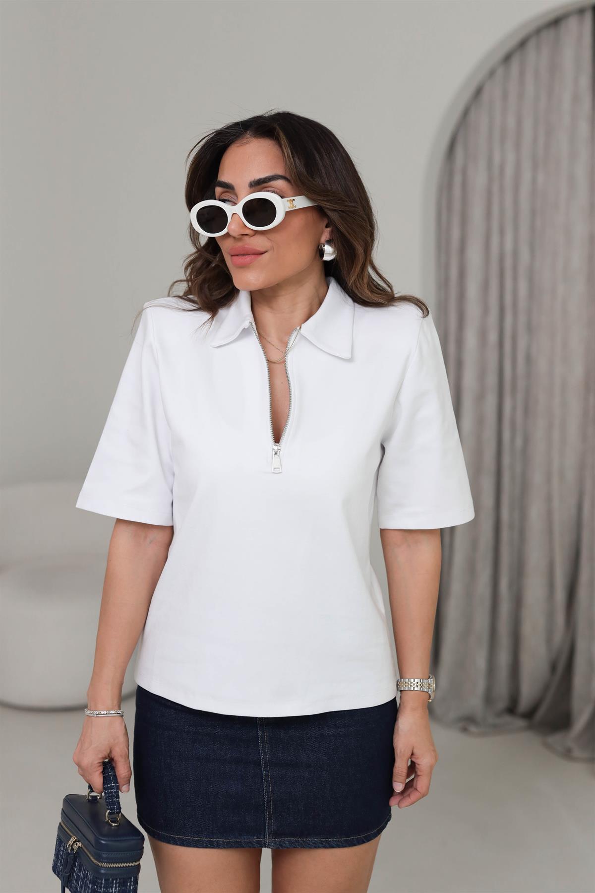 1008 Polo Yaka Fermuarlı Tshirt BEYAZ
