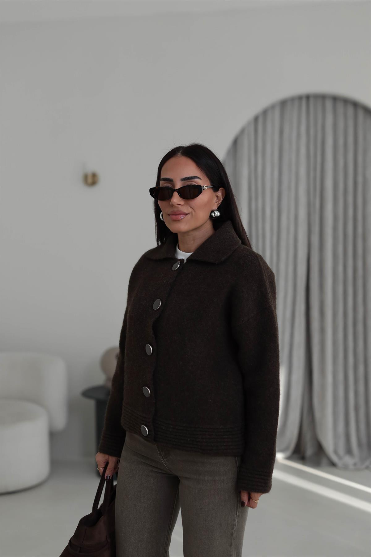 5086 Büyük Düğmeli Polo Yaka Hırka Ceket ACI KAHVE