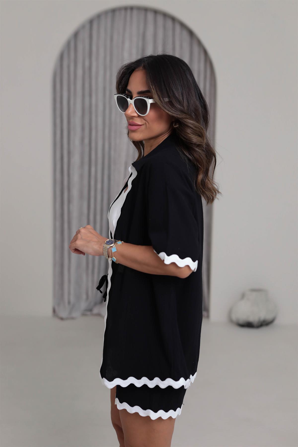 1182 Kontrast Dalga Nakışlı Keten Kimono Şort Takım SİYAH