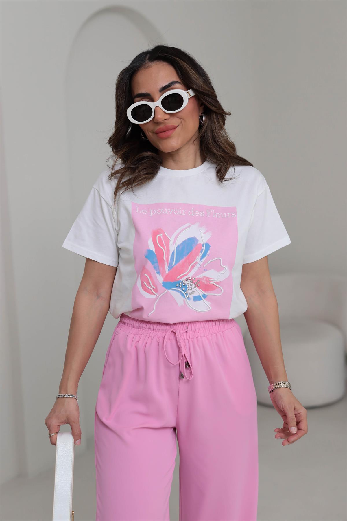 0223 Çiçek ve Taş Detaylı Tshirt PEMBE