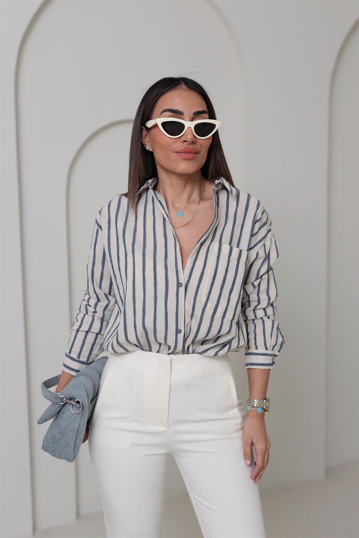 4373 Cep Detaylı Çizgili Keten Gömlek TAŞ MAVİ