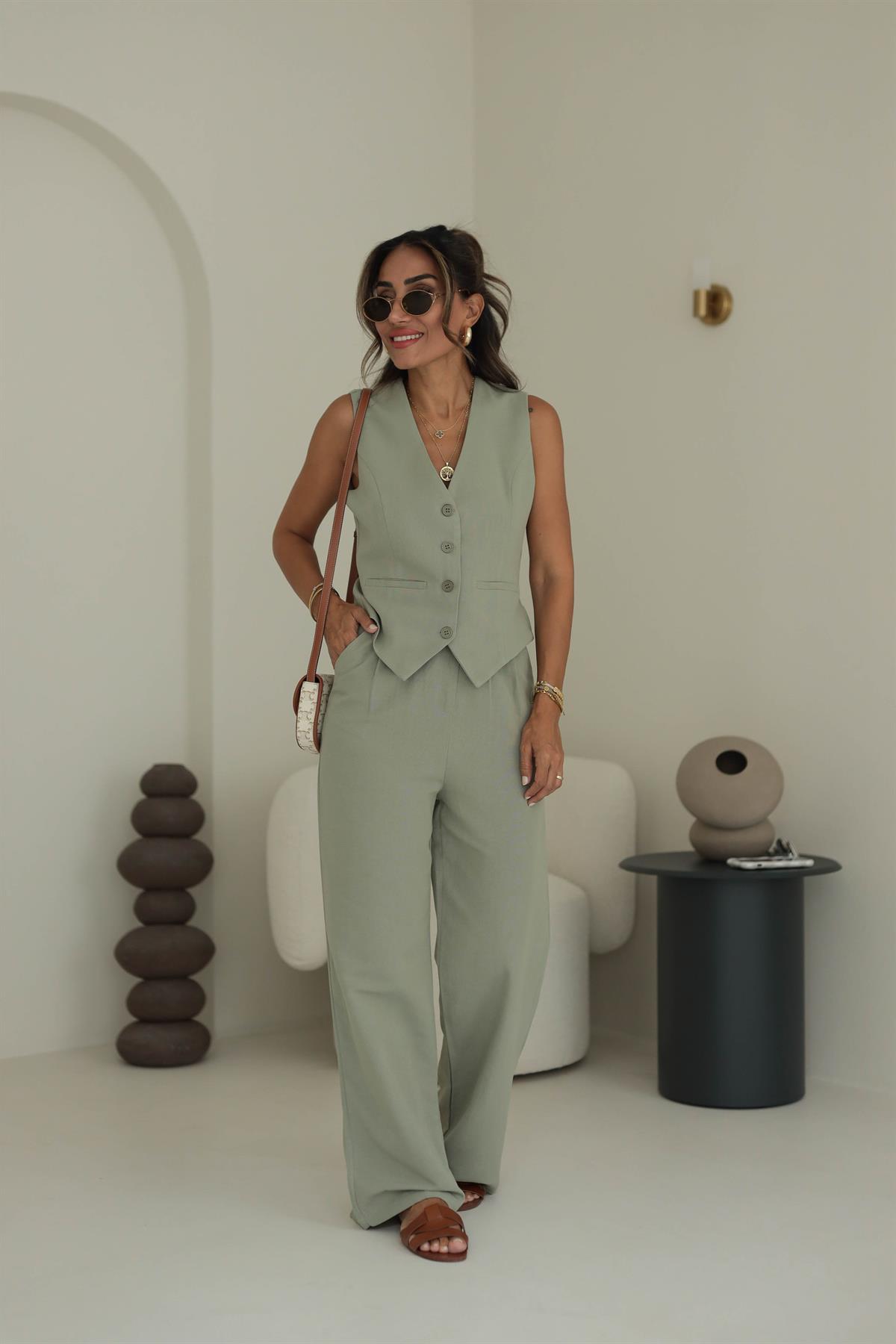 9257 Keten Yelek Pantolon Takım HAKİ YEŞİL