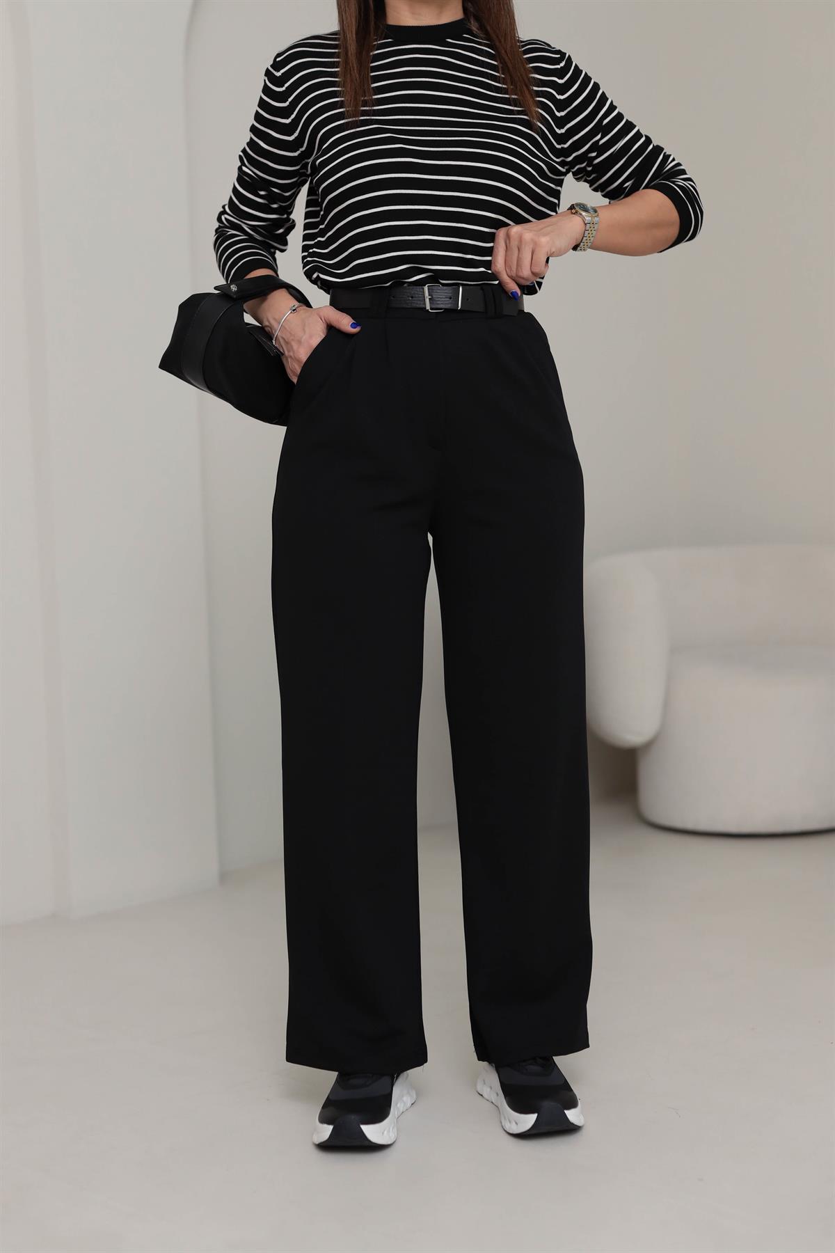 3851 Çift Pile Detaylı Kemerli Palazzo Pantolon SİYAH