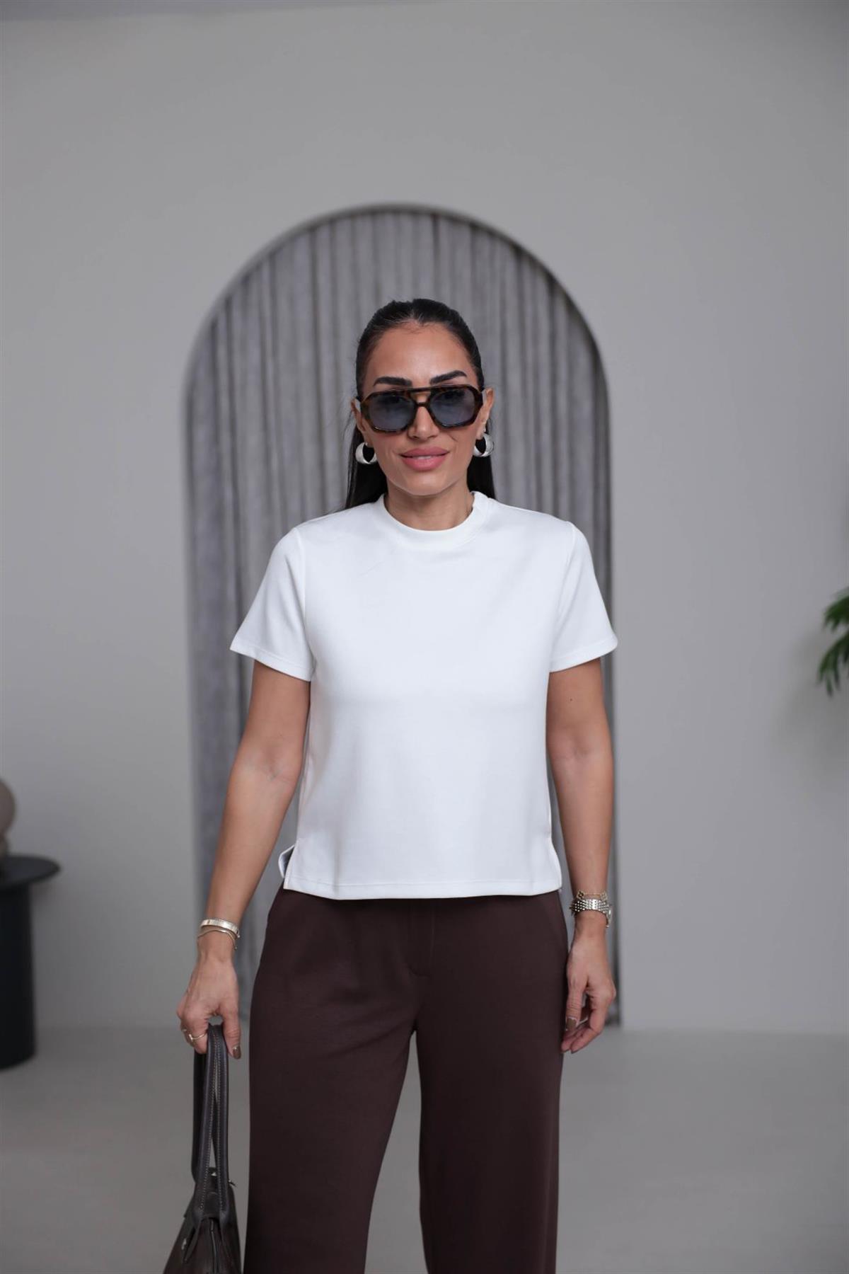 1120 Bisiklet Yaka Kısa Modal Tshirt EKRU