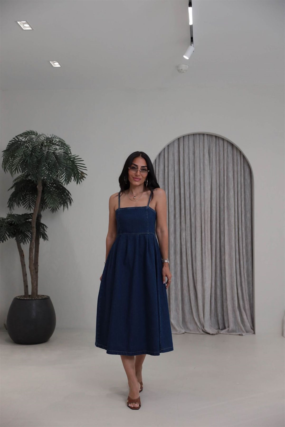 811 İp Askılı Denim Elbise KOYU MAVİ