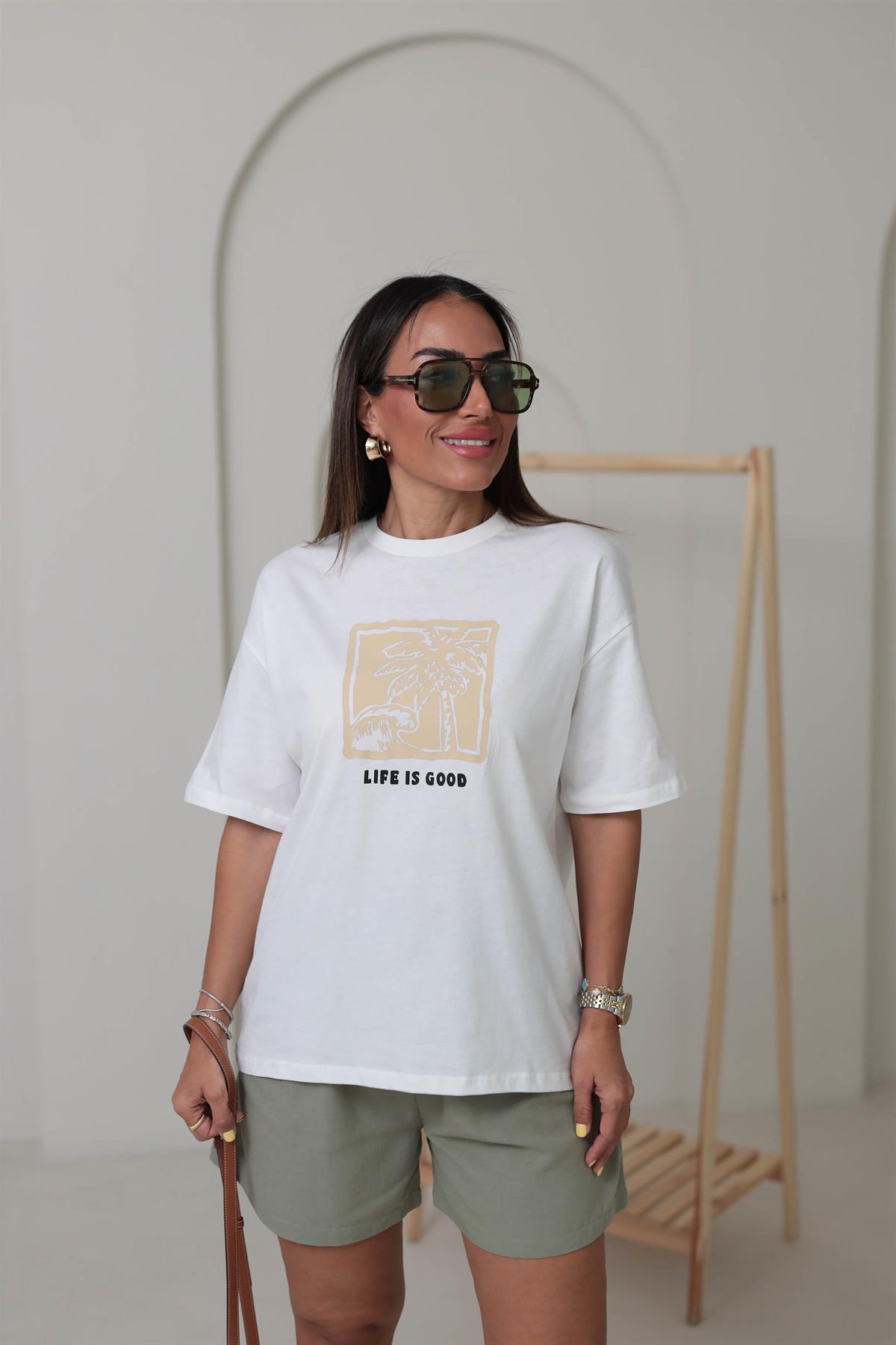 0392 Life Is Good Pamuklu Tshirt EKRU