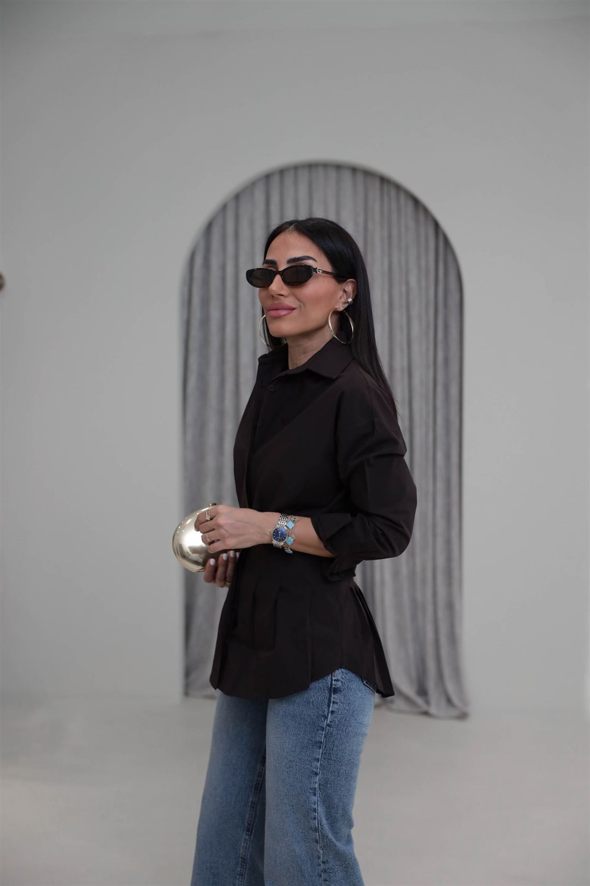 3013 Belden Oturtmalı Poplin Gömlek KAHVE