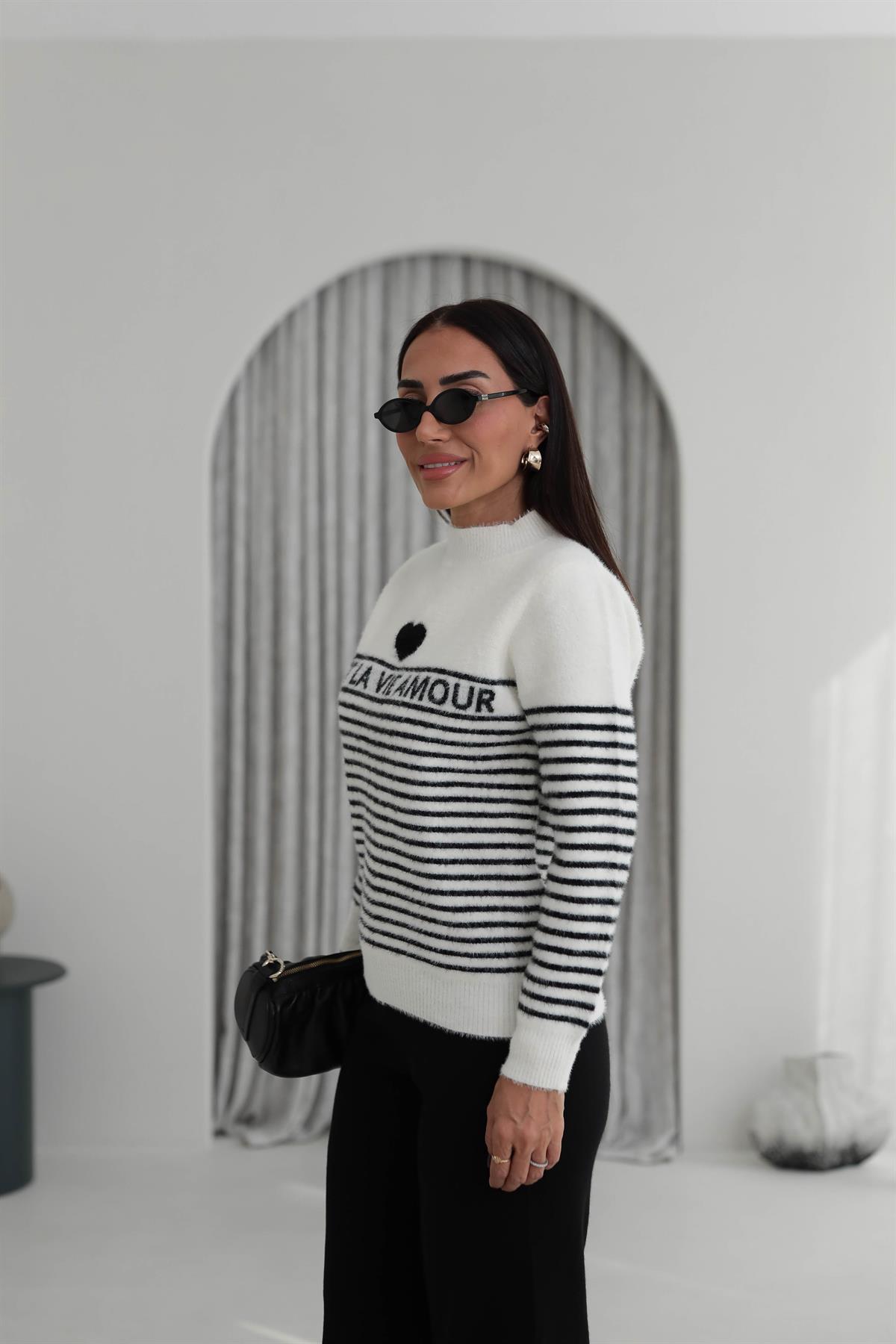 4817 Amour Çizgili Angora Kazak SİYAH