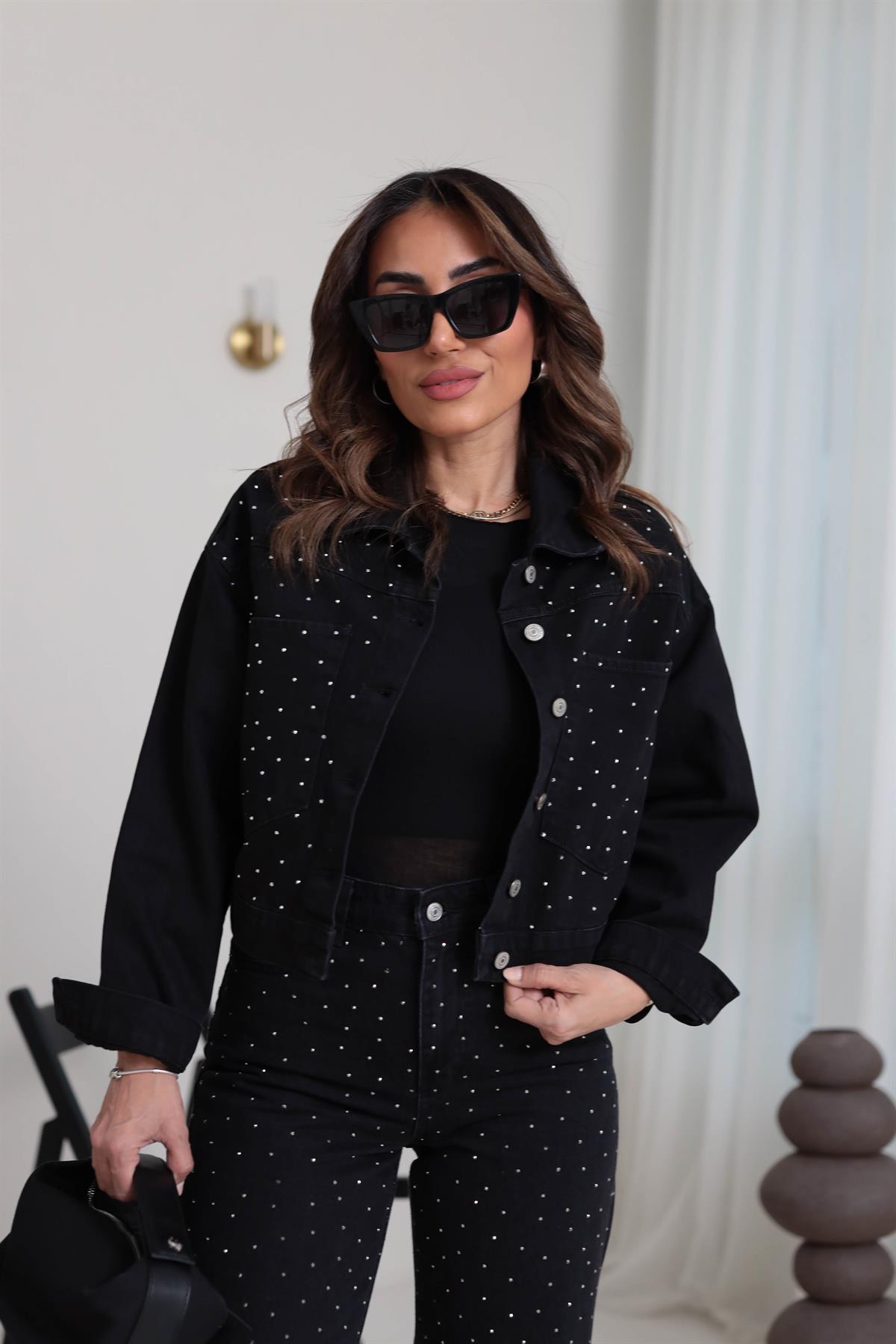 5038 Önü Taşlı Kot Ceket FÜME