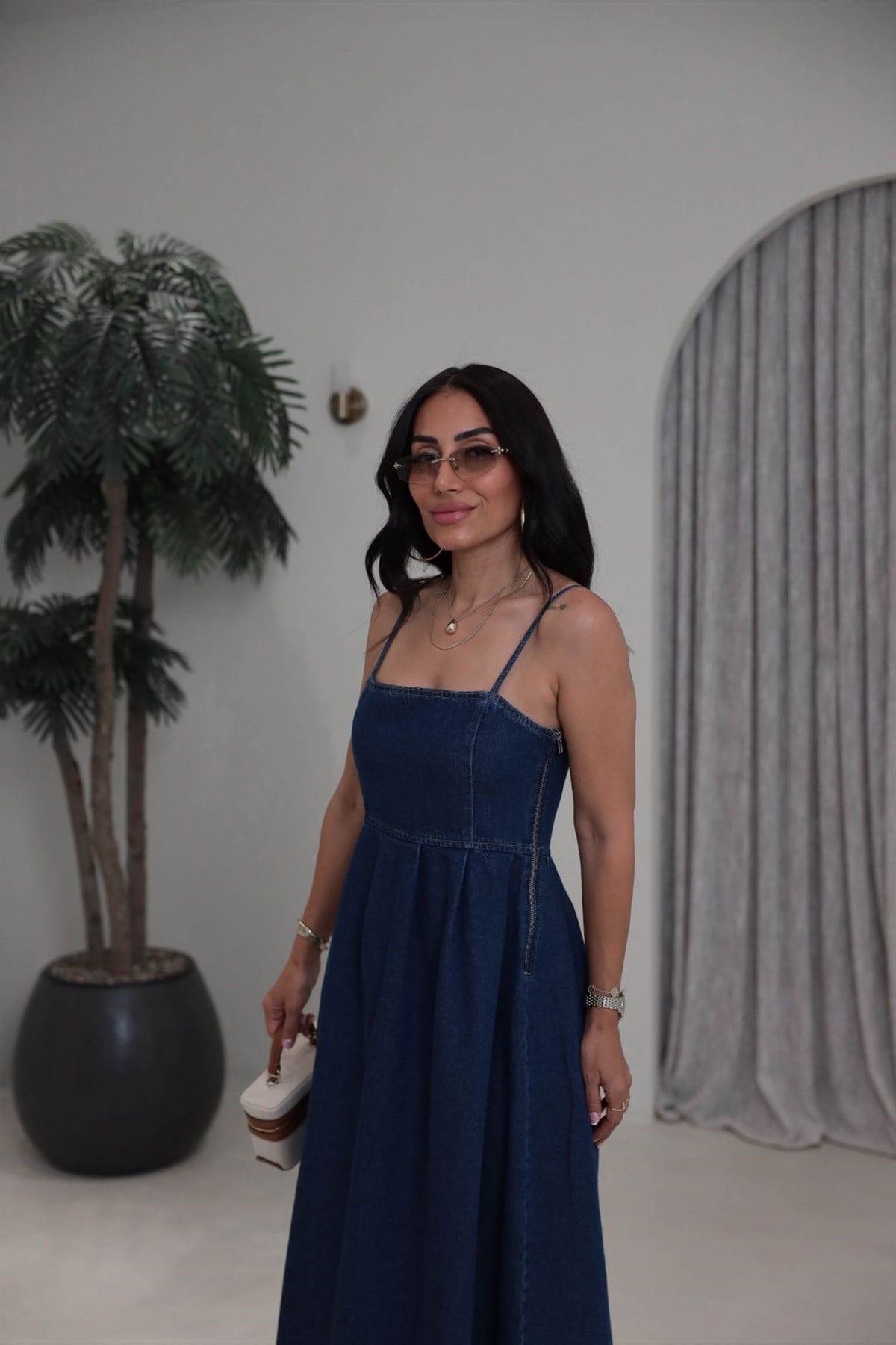 811 İp Askılı Denim Elbise KOYU MAVİ
