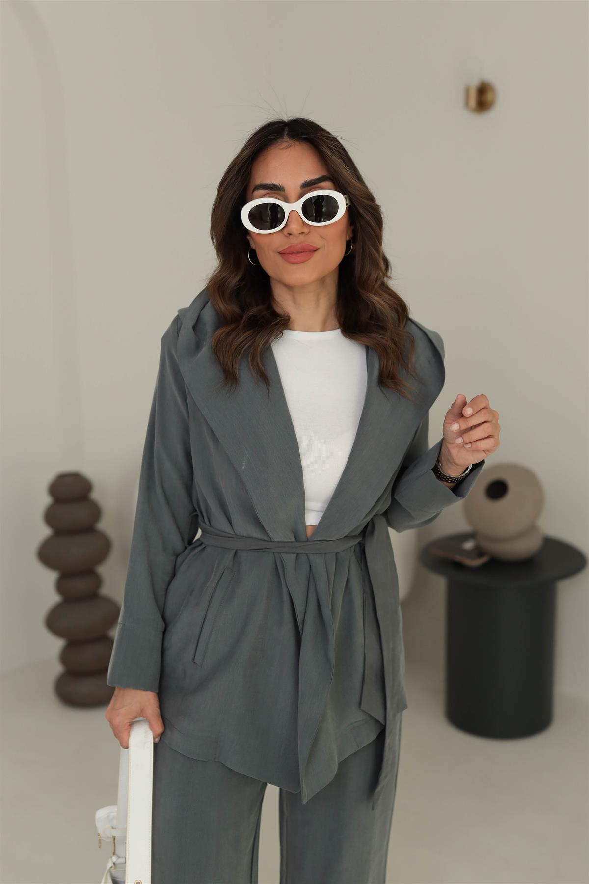 7058 Şal Yaka Kuşaklı Kapşonlu Tencel Kumaş Ceket GRİ
