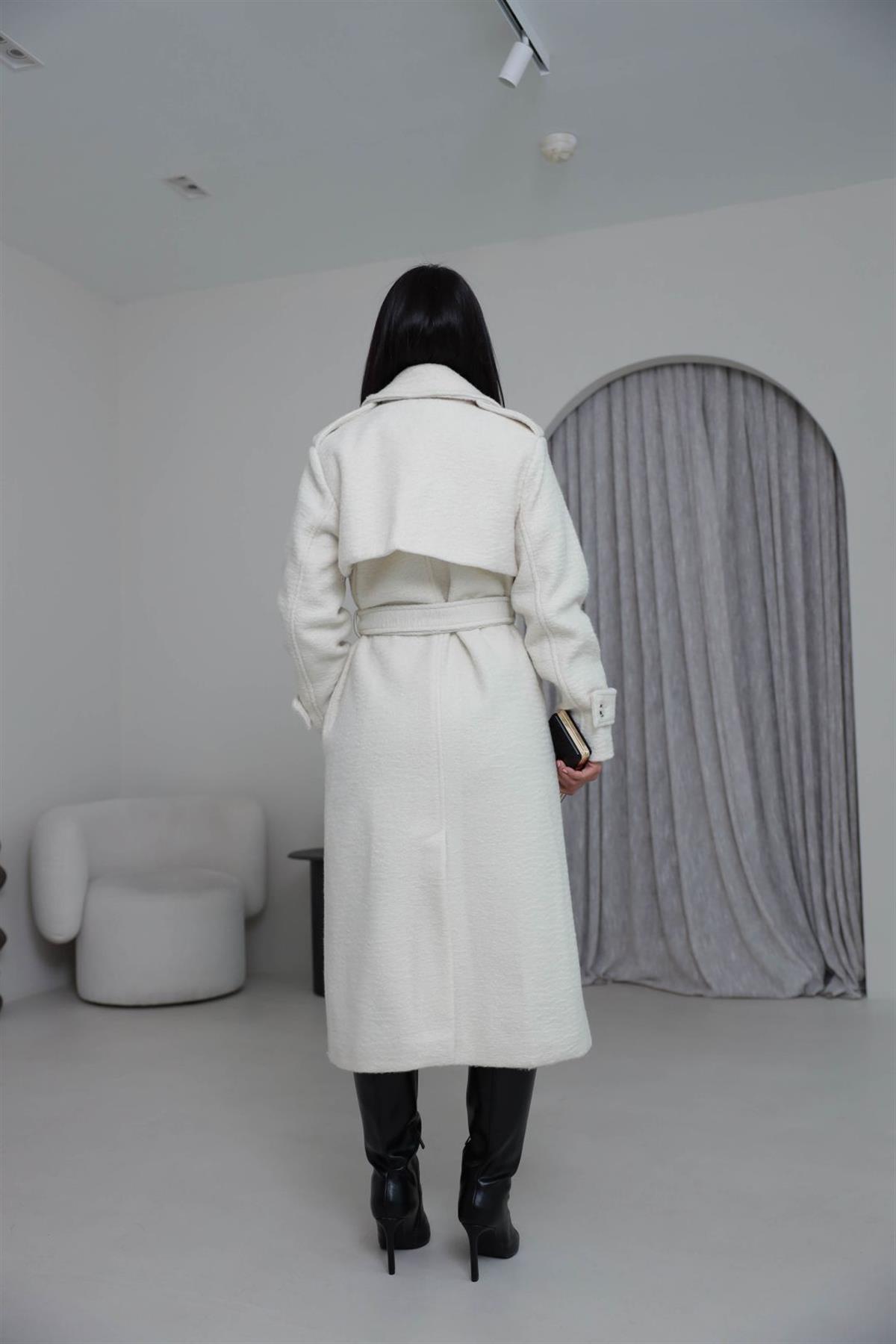 0611 Kuşaklı Apoletli Kaşe Kaban EKRU