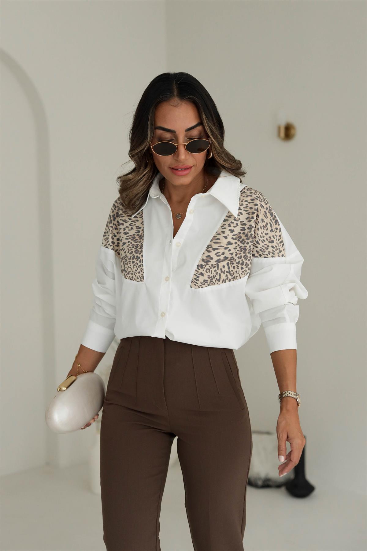 9119 Önü Leopar Garnili Poplin Gömlek