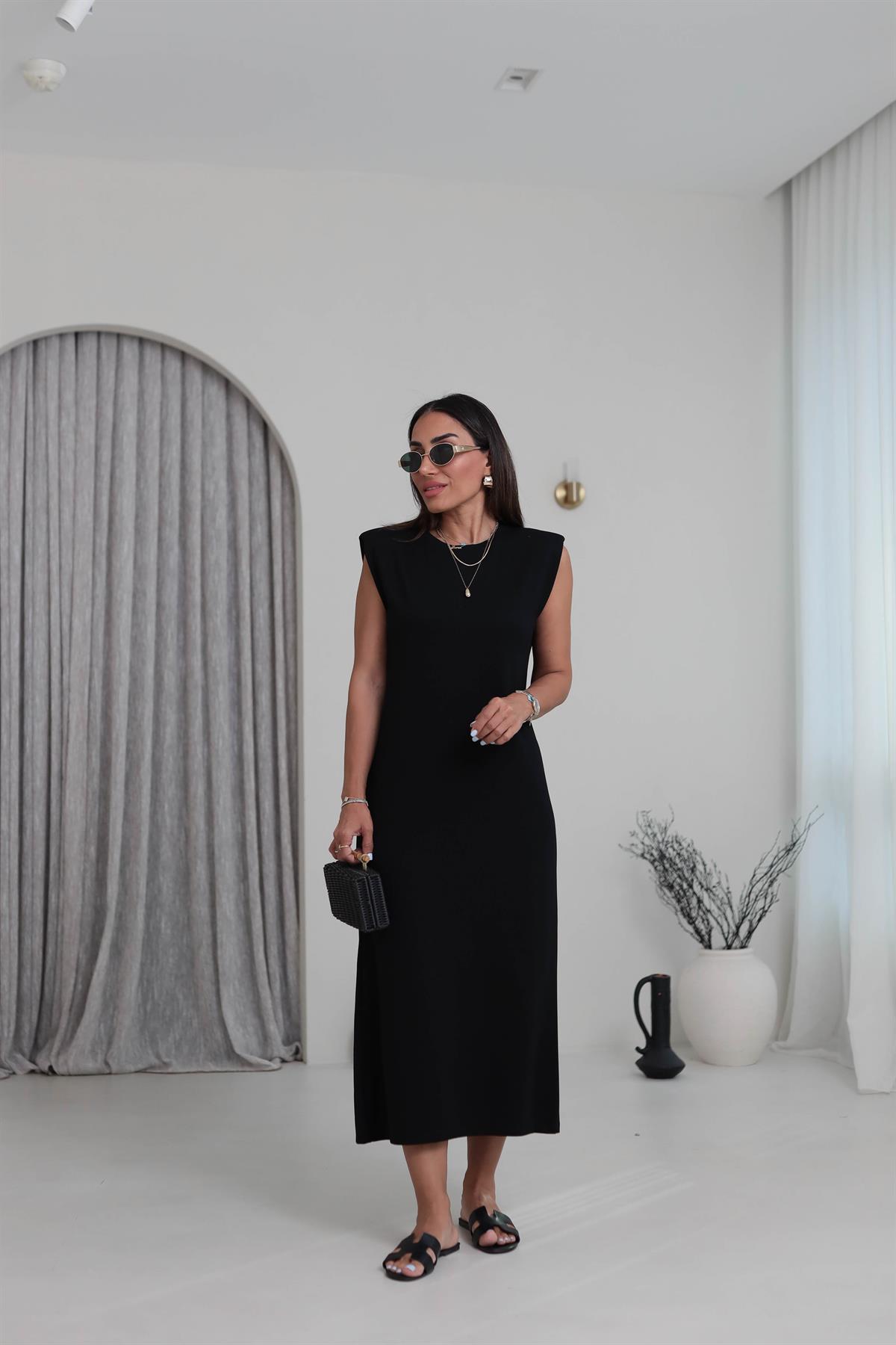 3316 Bisiklet Yaka Vatkalı Penye Modal Elbise SİYAH