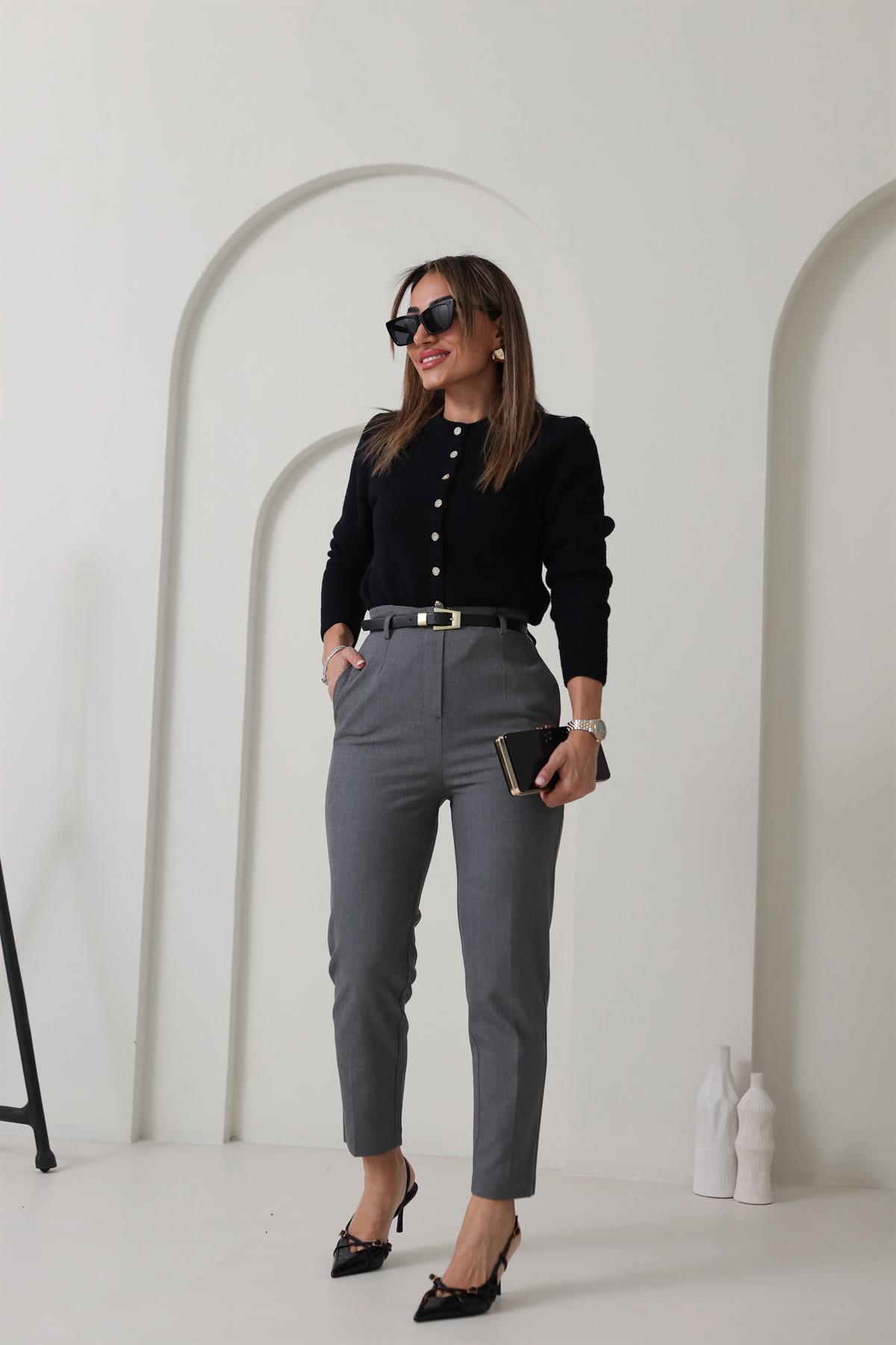 2436 Bisiklet Yaka Taş Düğmeli Yumoş Hırka SİYAH