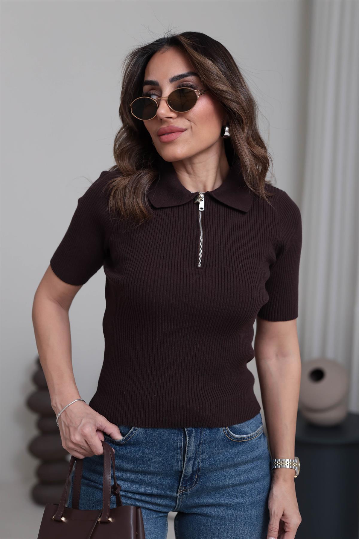 Yarım Fermuarlı Kısa Kol Fitilli Triko Buluz KAHVE