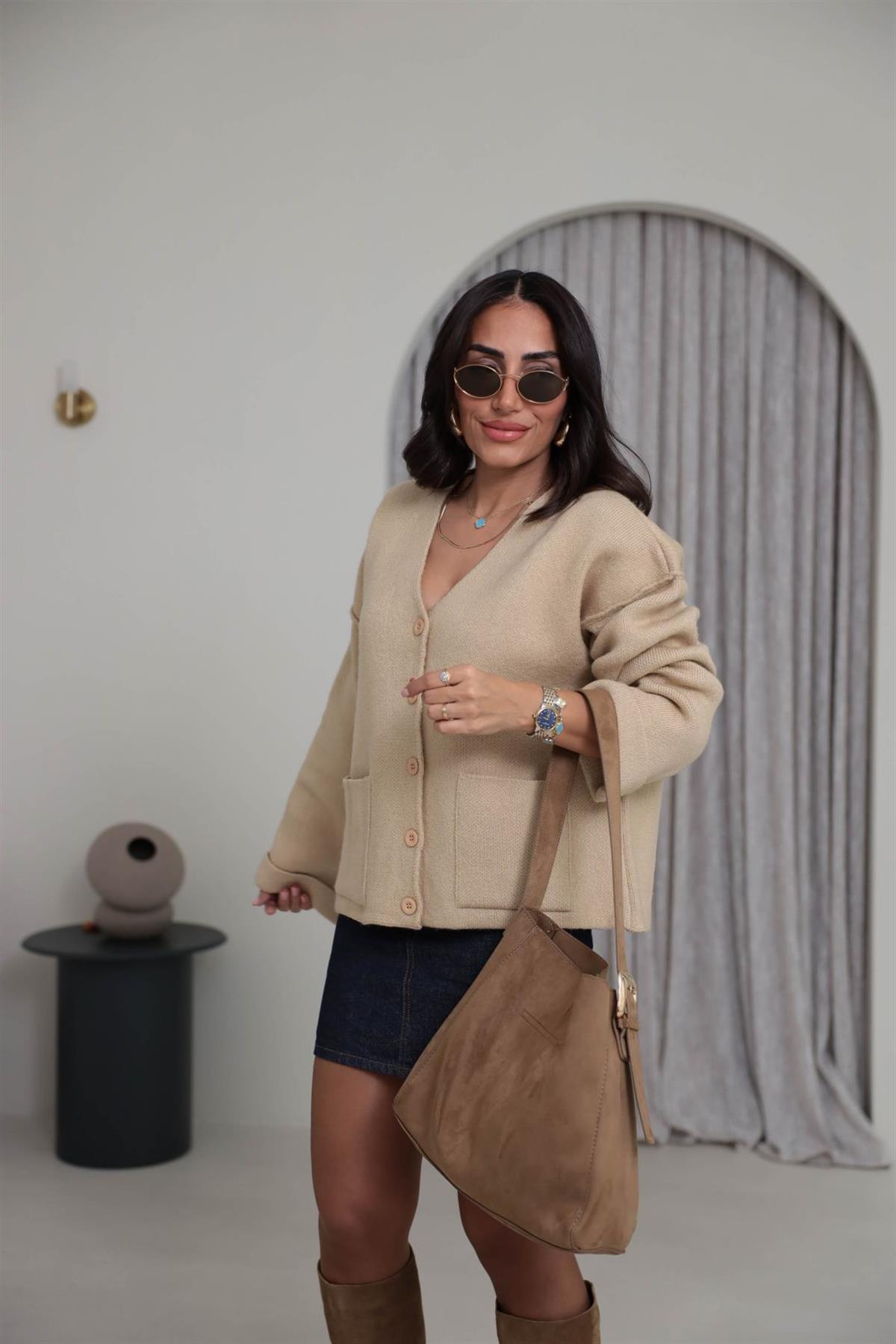 5231 Cepli Ters Dikiş Detaylı Hırka CAMEL