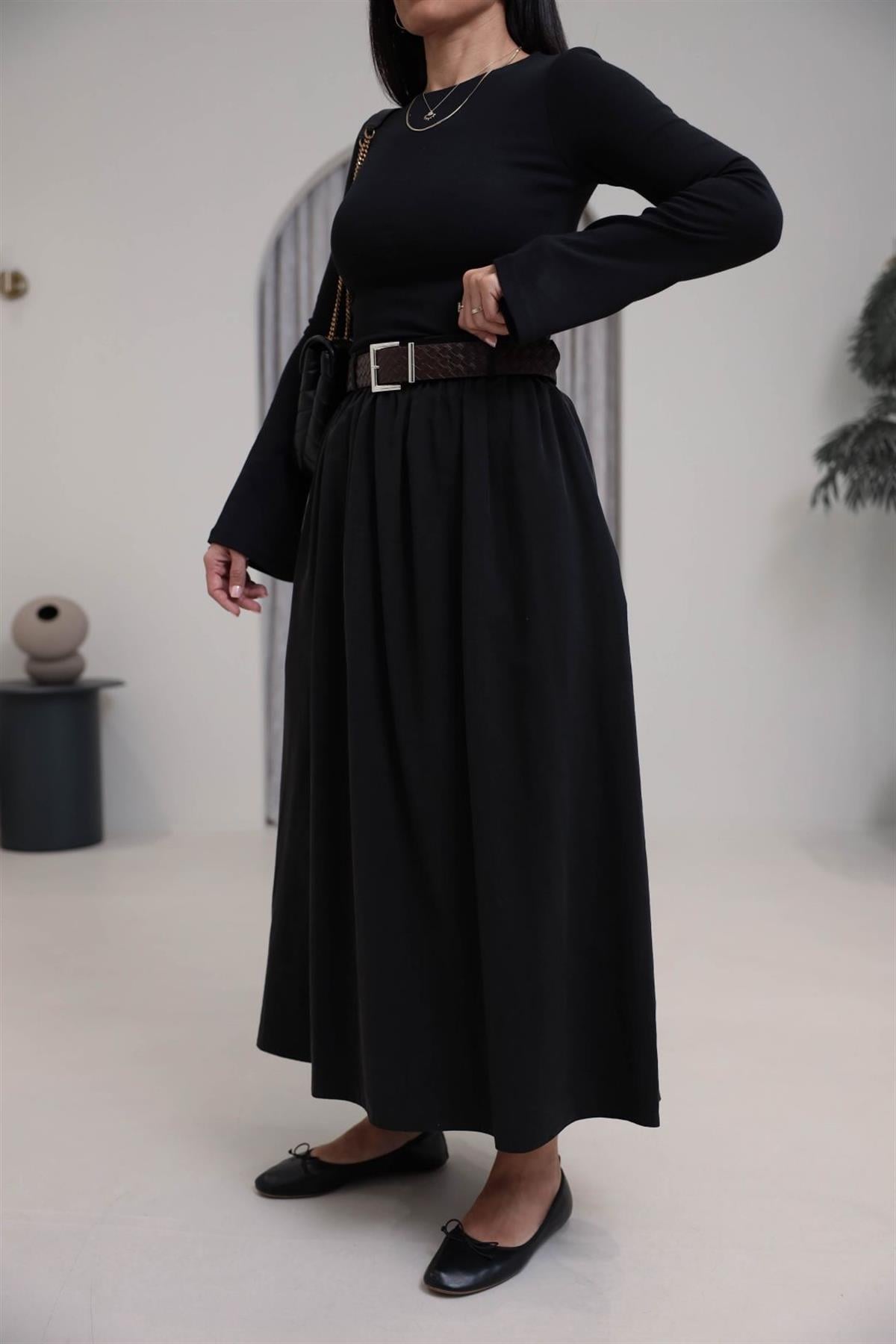 0727 Kemerli Tencel Etek SİYAH