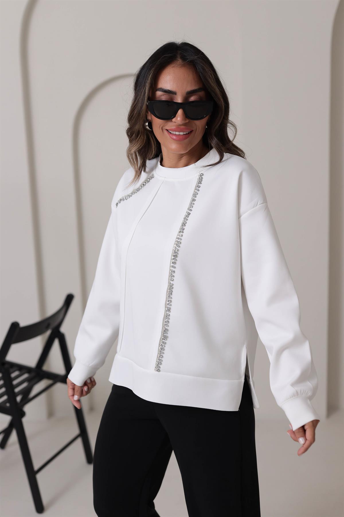 5368 Taş İşlemeli Scuba Kumaş Sweatshirt