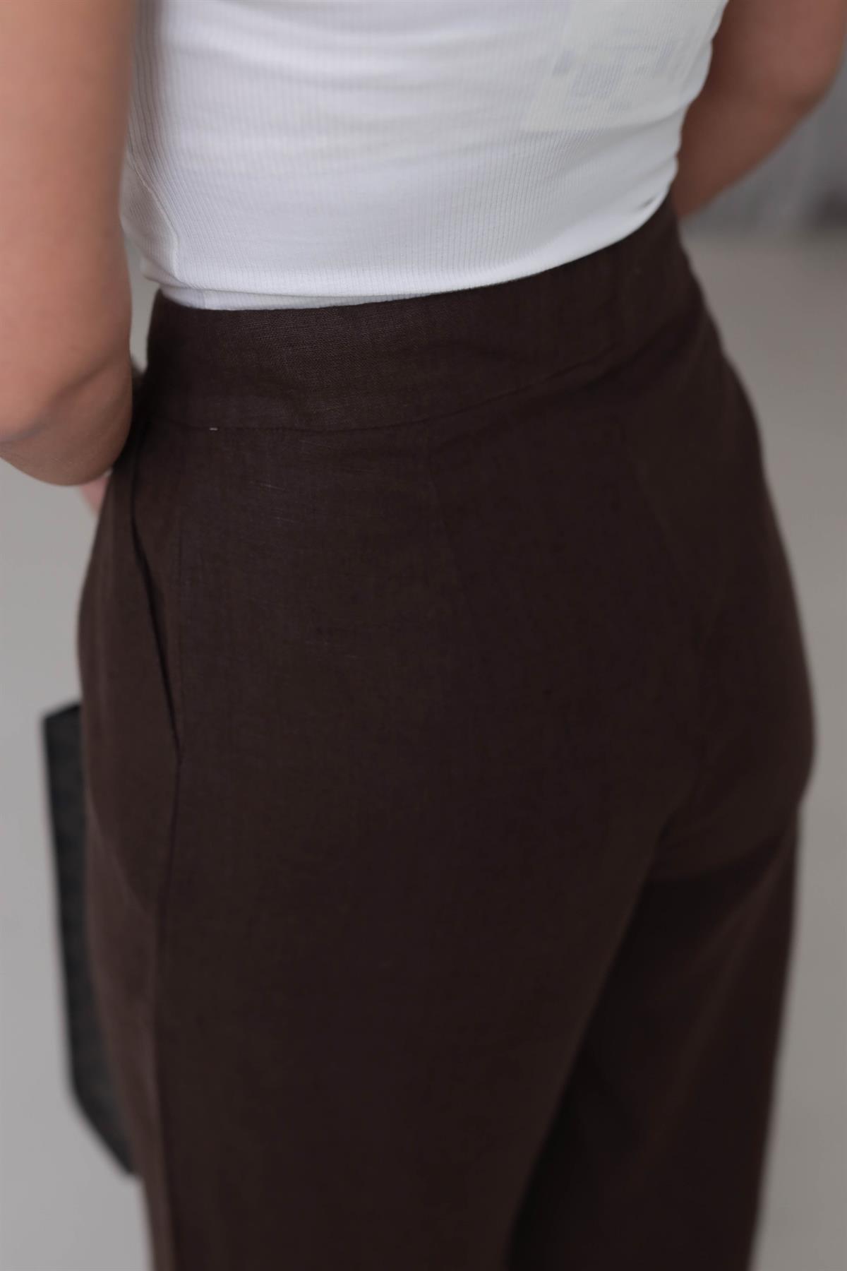 1448 Yüksek Bel Bol Paça Ham Keten Palazzo Pantolon ACI KAHVE