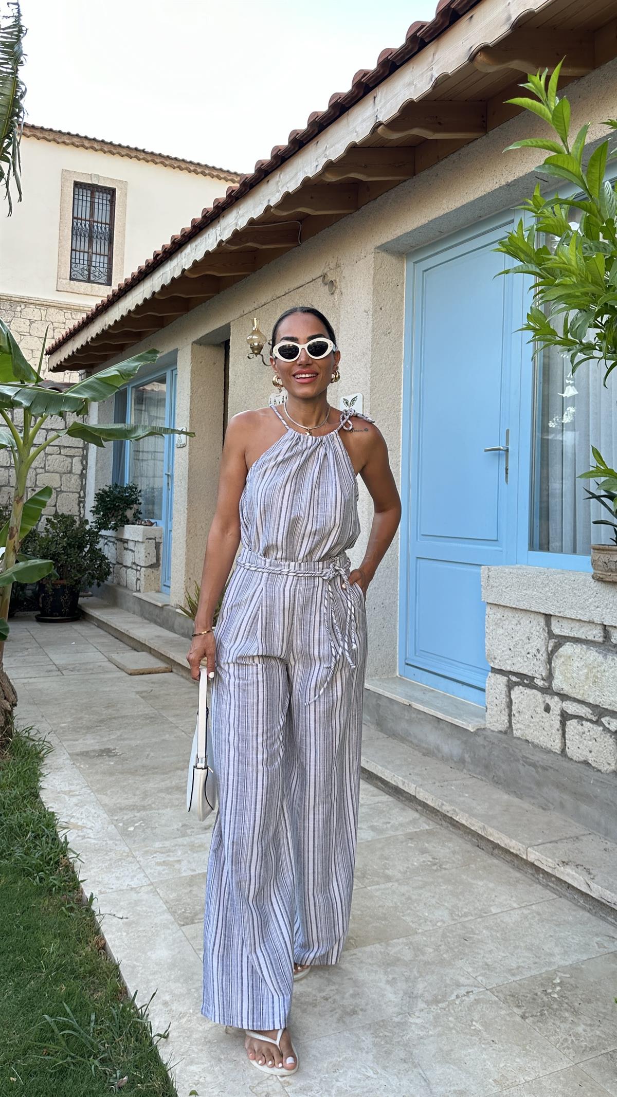 6347 Boyundan Bağlamalı Bluz Pantolon Takım