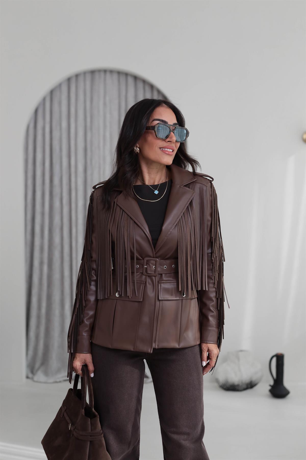 7650 Püsküllü Kemerli Deri Ceket KAHVE