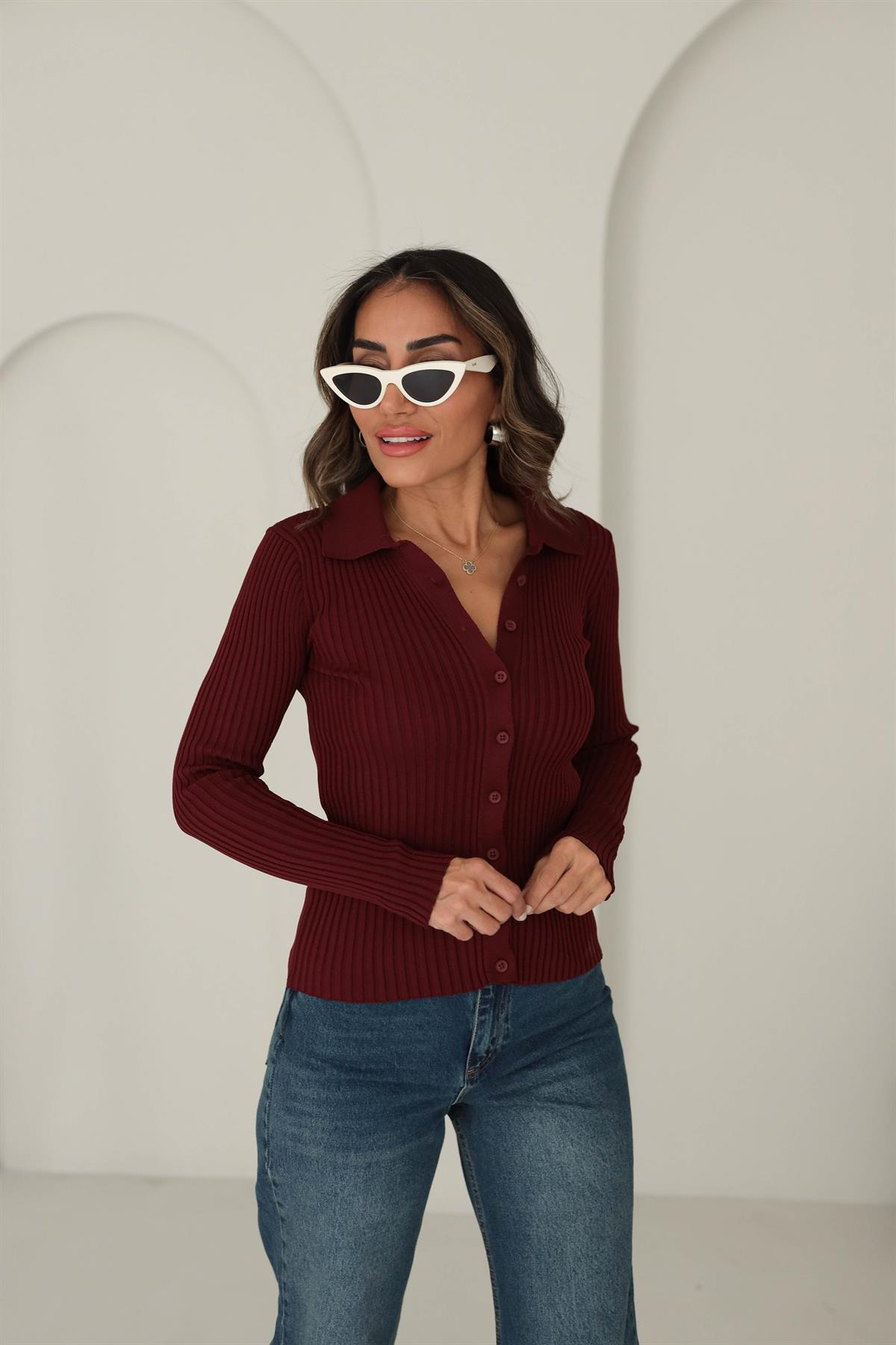 0701 Polo Yaka Fitilli Triko Hırka BORDO