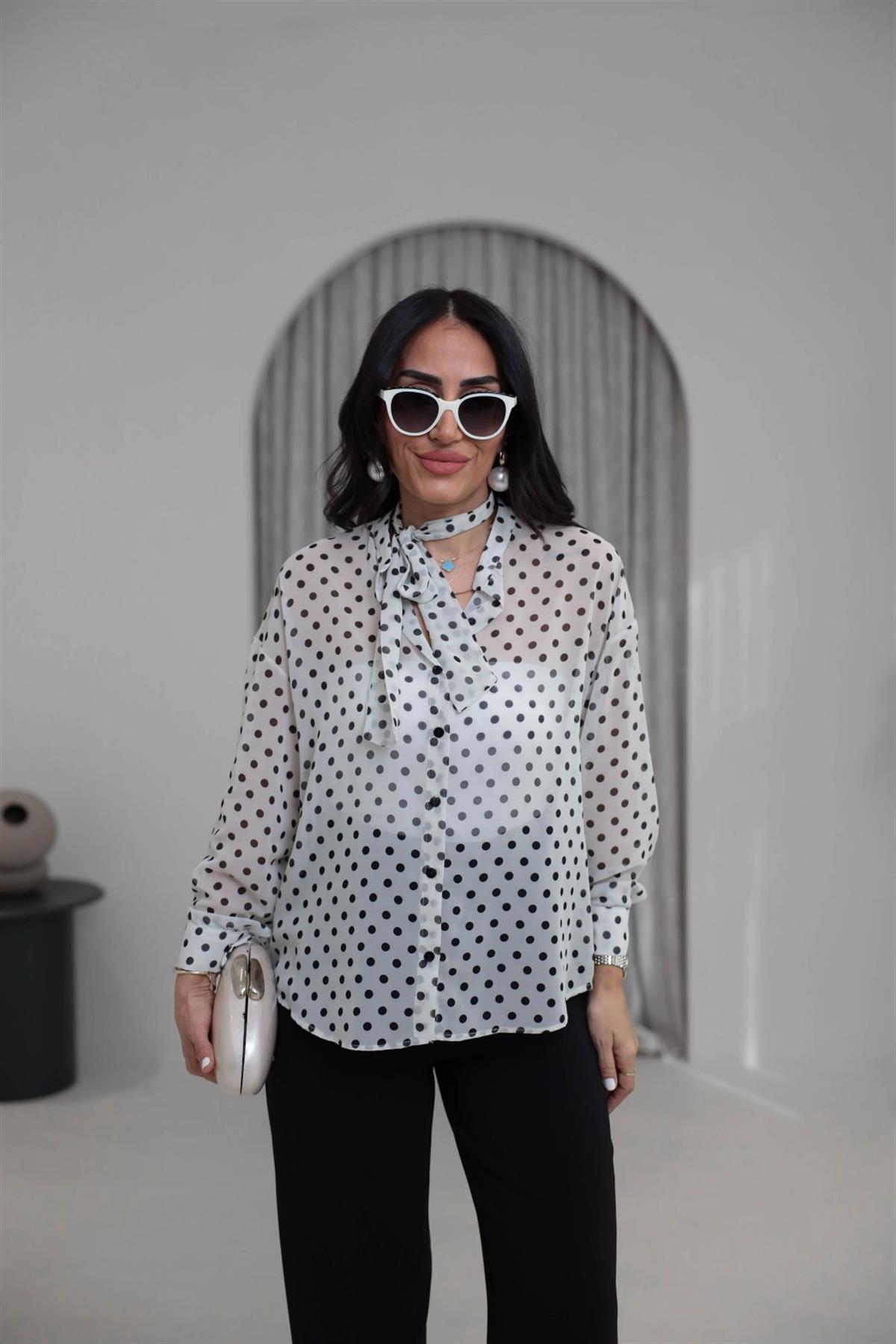 4130 Fular Detay Puantiyeli Şifon Gömlek EKRU