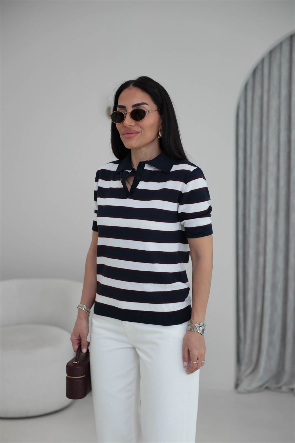 Polo Yaka Çizgili Massi Triko Bluz LACİVERT