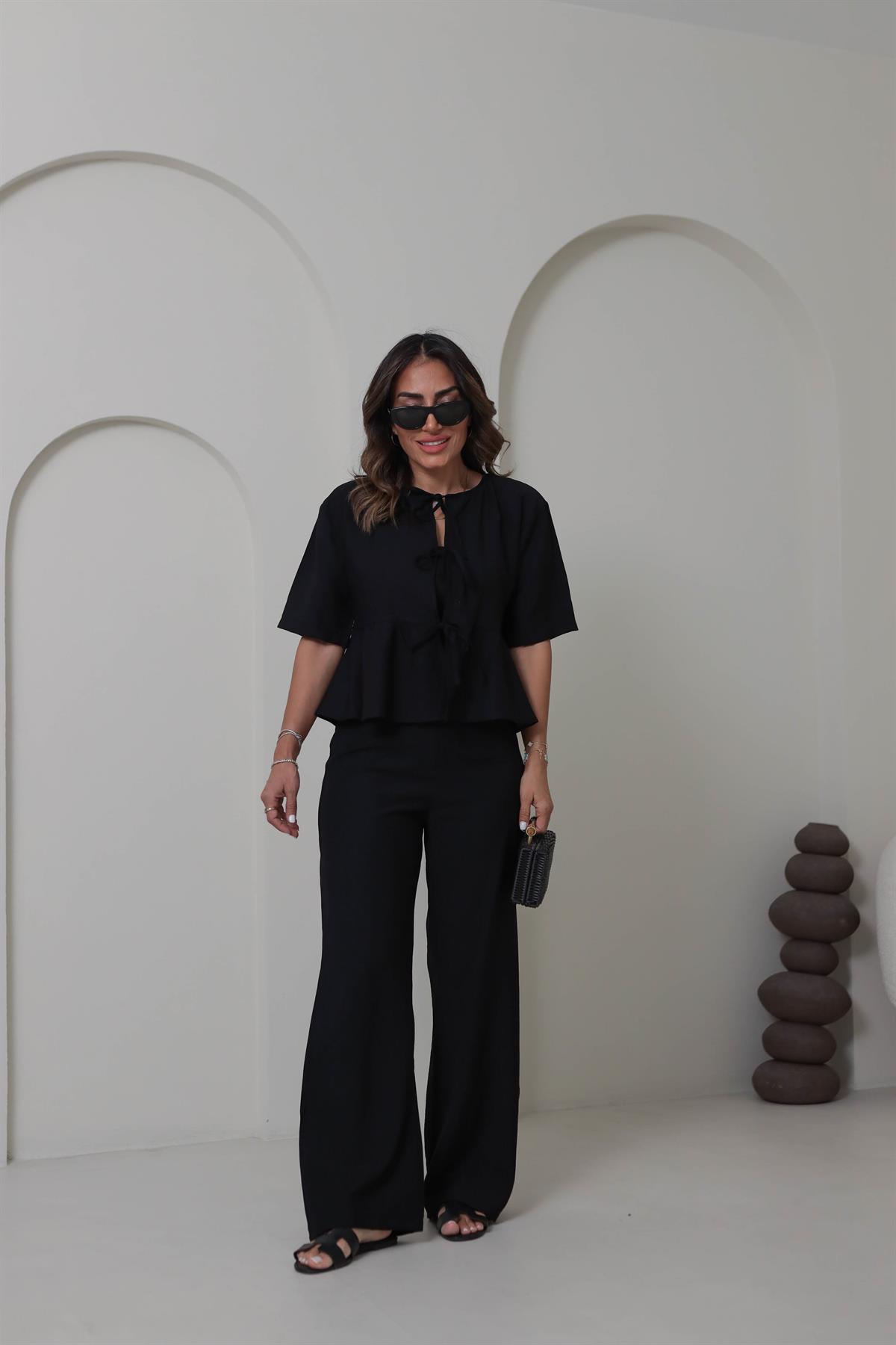 9265 Bağlama Detaylı Çilek Kumaş Takım SİYAH