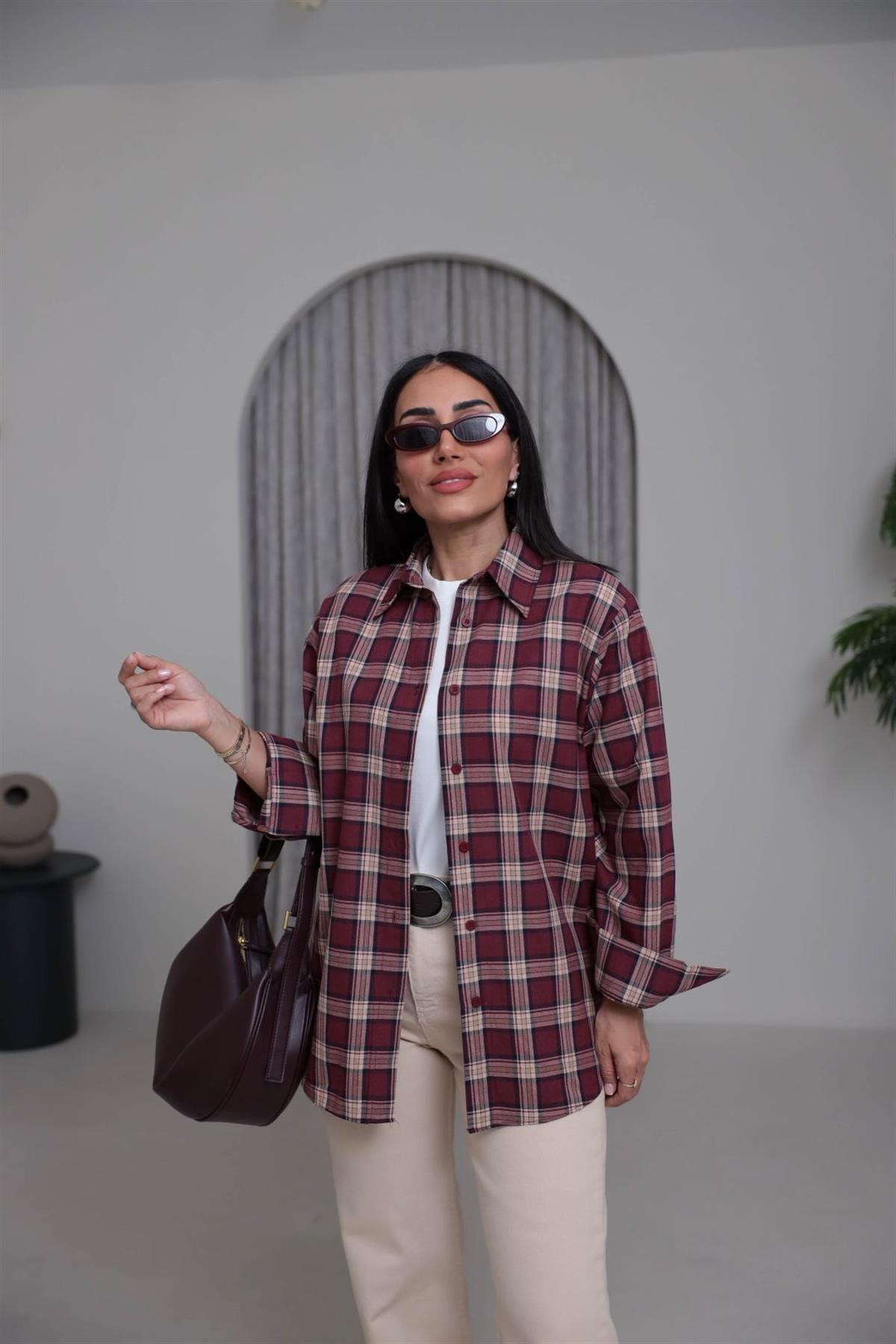 7124 Ekose Desen Pamuklu Oversize Gömlek BORDO