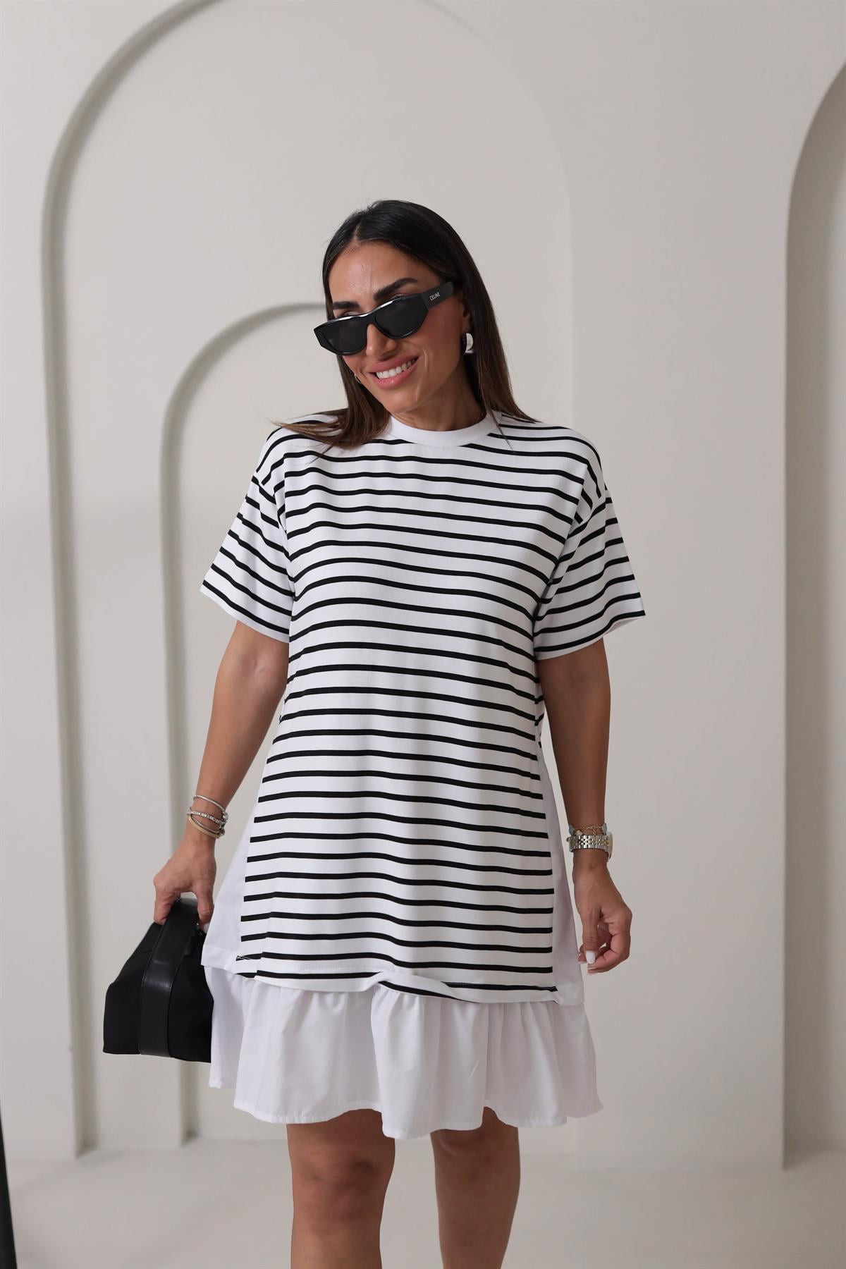 6476 Çizgili Altı Fırfırlı Elbise BEYAZ