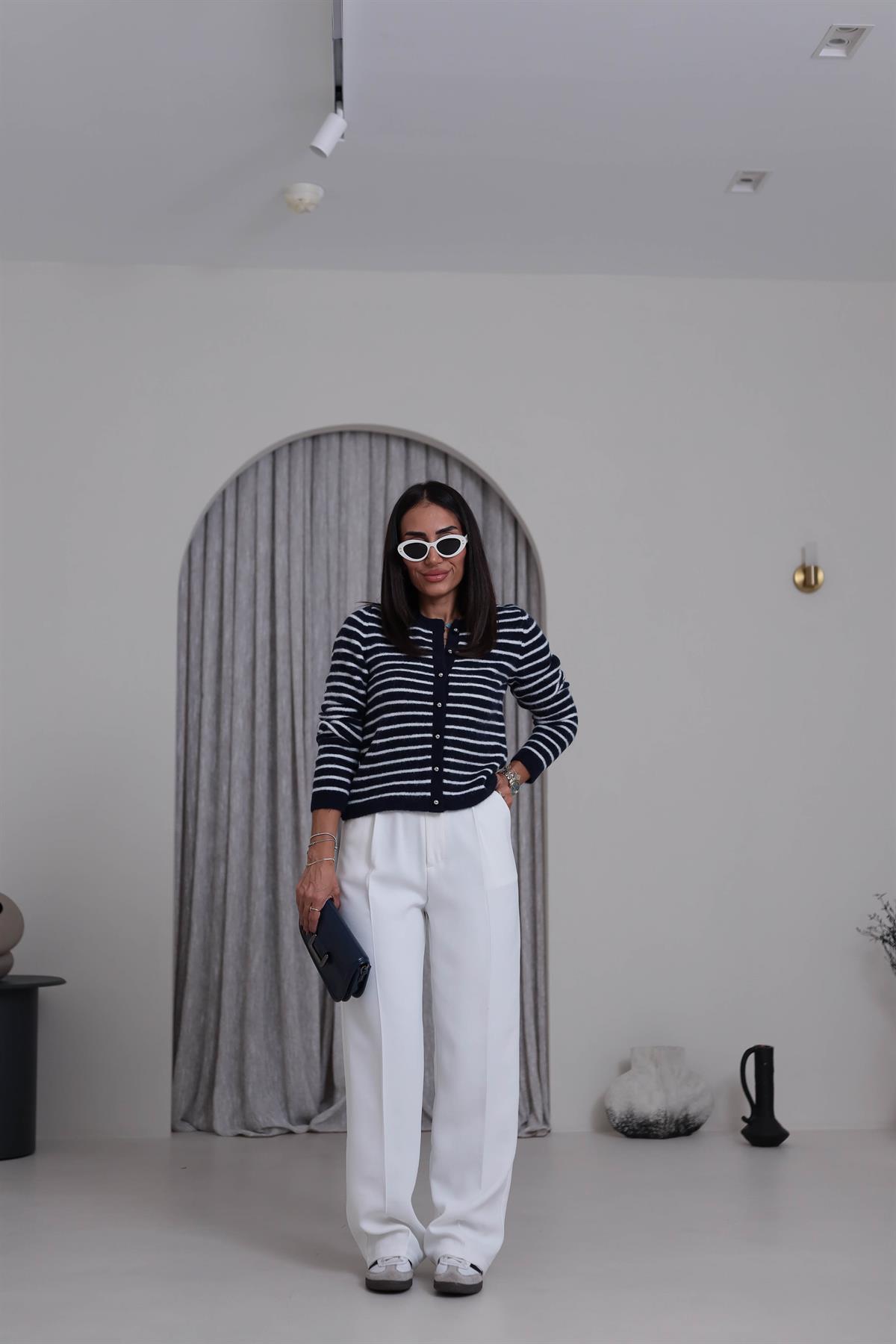 4870 Çizgili Şardonlu Bisiklet Yaka Hırka LACİVERT