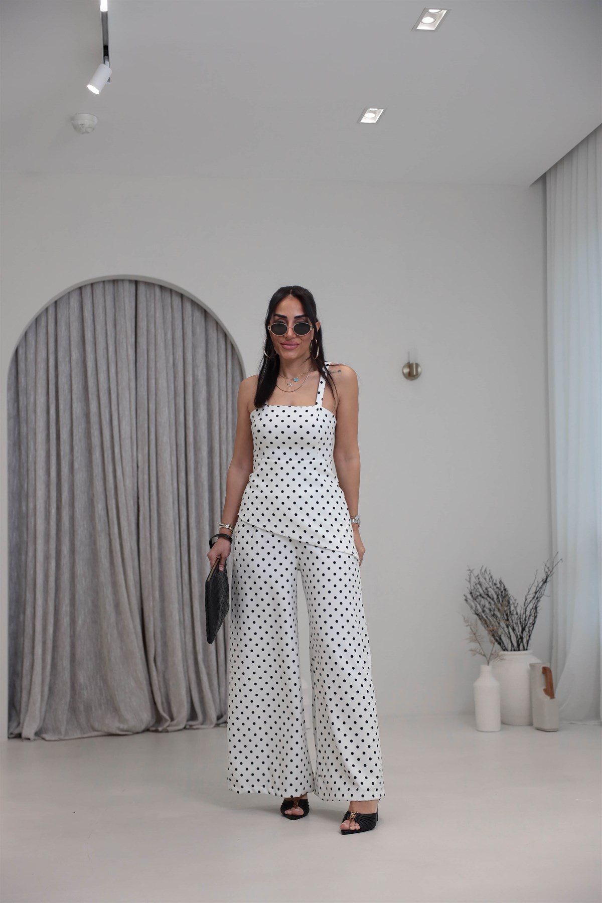 4161 Puantiyeli Askılı Bluz Pantolon Takım EKRU