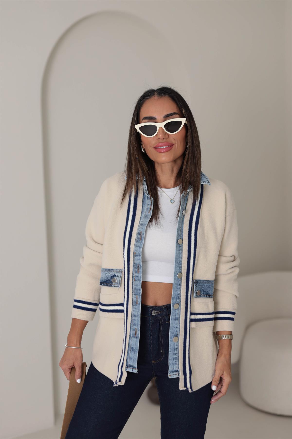 4587 Kot Garnili Çizgi Cep Detay Hırka