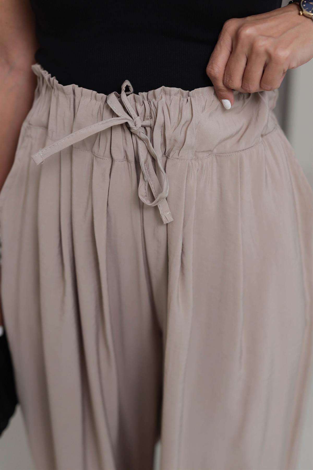 0165 Yüksek Bel Lastikli Bol Paça Tencel  Pantolon BEJ