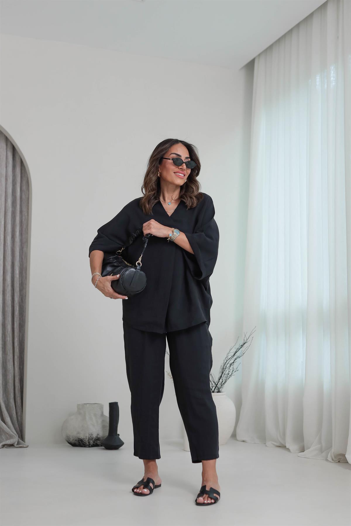 3077 Düşük Kol Tencel Kumaş Takım SİYAH