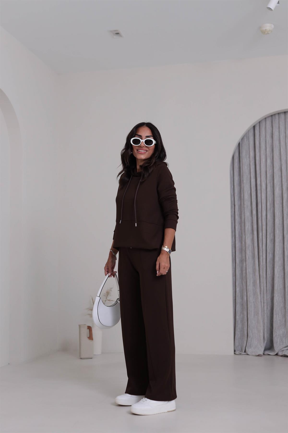 7327 Kapşonlu Yırtmaçlı Çimalı Modal Takım KAHVE