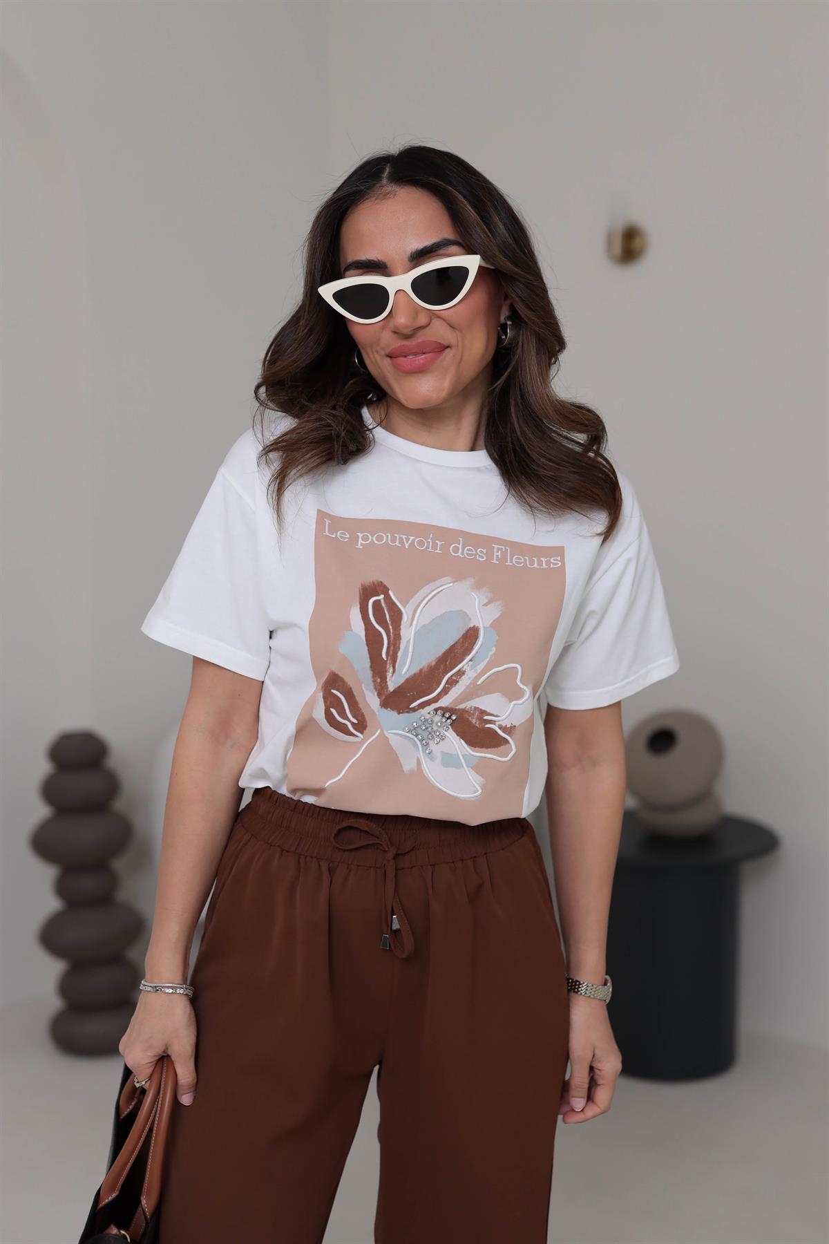 0223 Çiçek ve Taş Detaylı Tshirt KAHVE