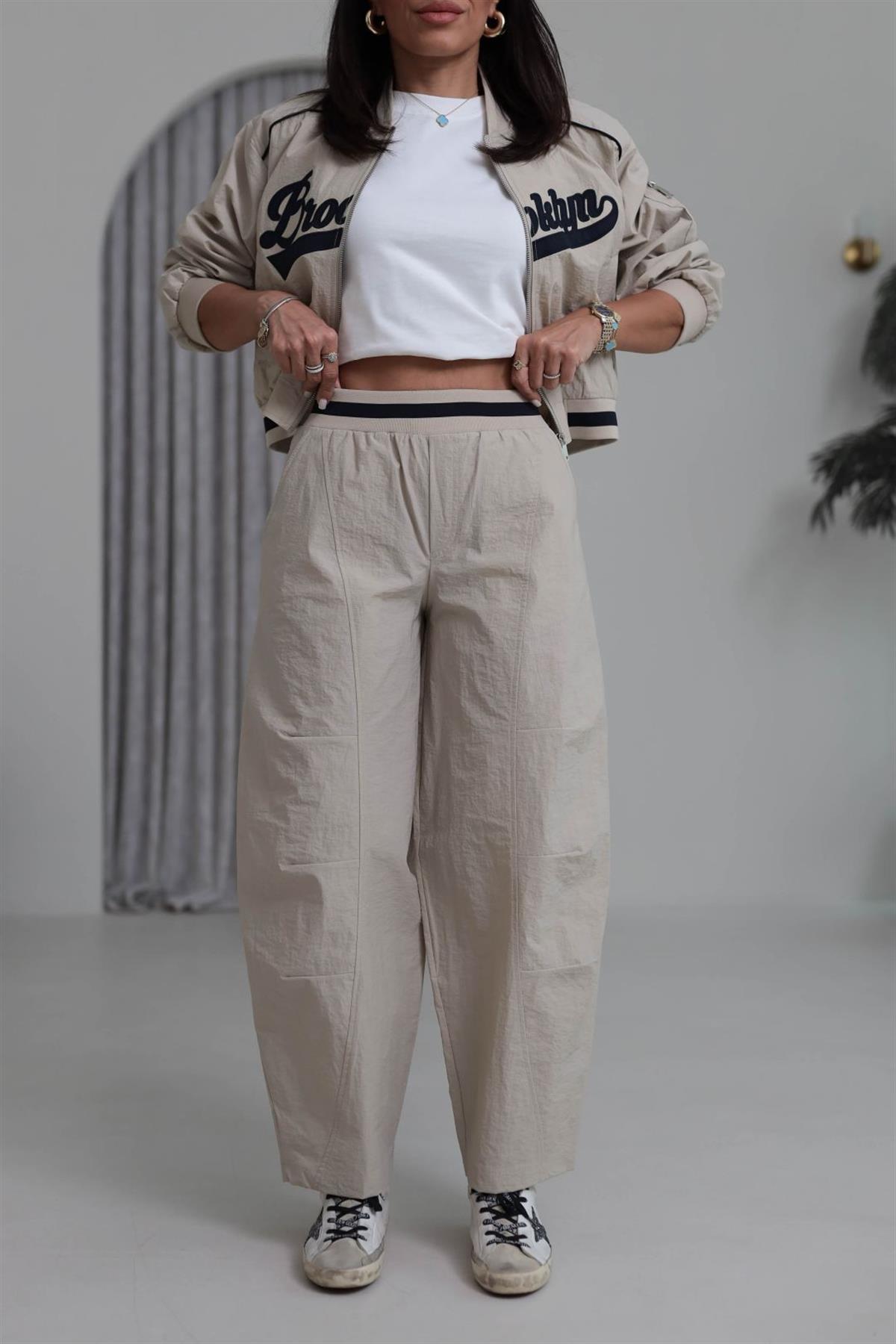 0766 Bel Ribanalı Paraşüt Kumaş Pantolon BEJ