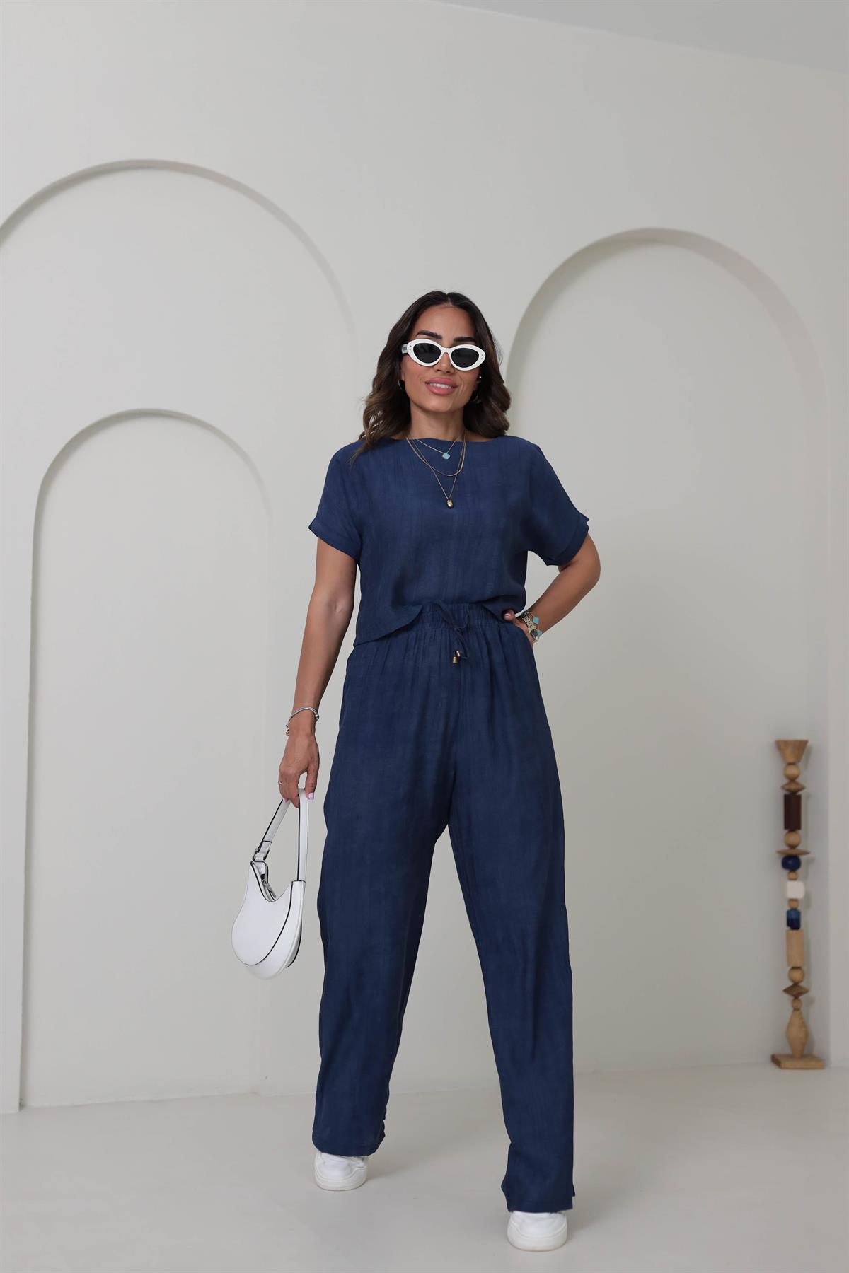 0450 Düşük Omuz Bluz Ve Geniş Paça Pantolon Takım LACİVERT