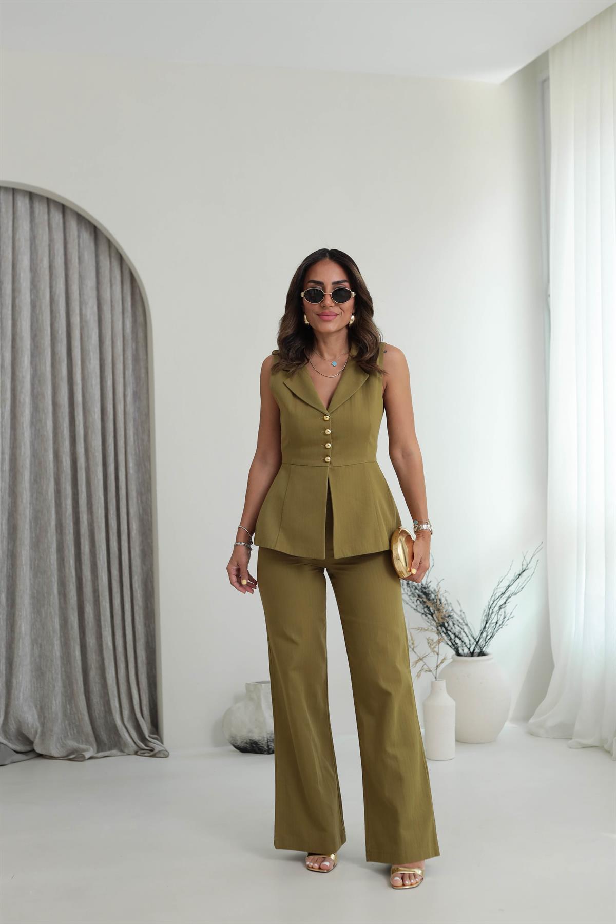9206 Yıkamalı Keten Yelekli Takım OLİVE