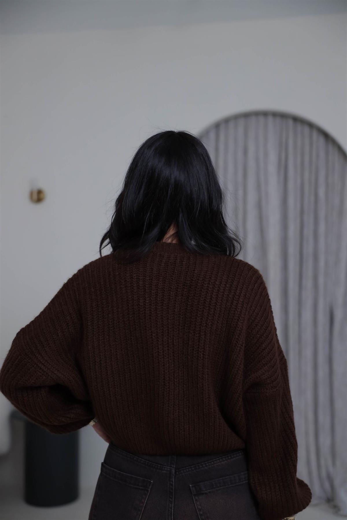 3579 Bisiklet Yaka Örme Oversize Kısa Kazak KAHVE