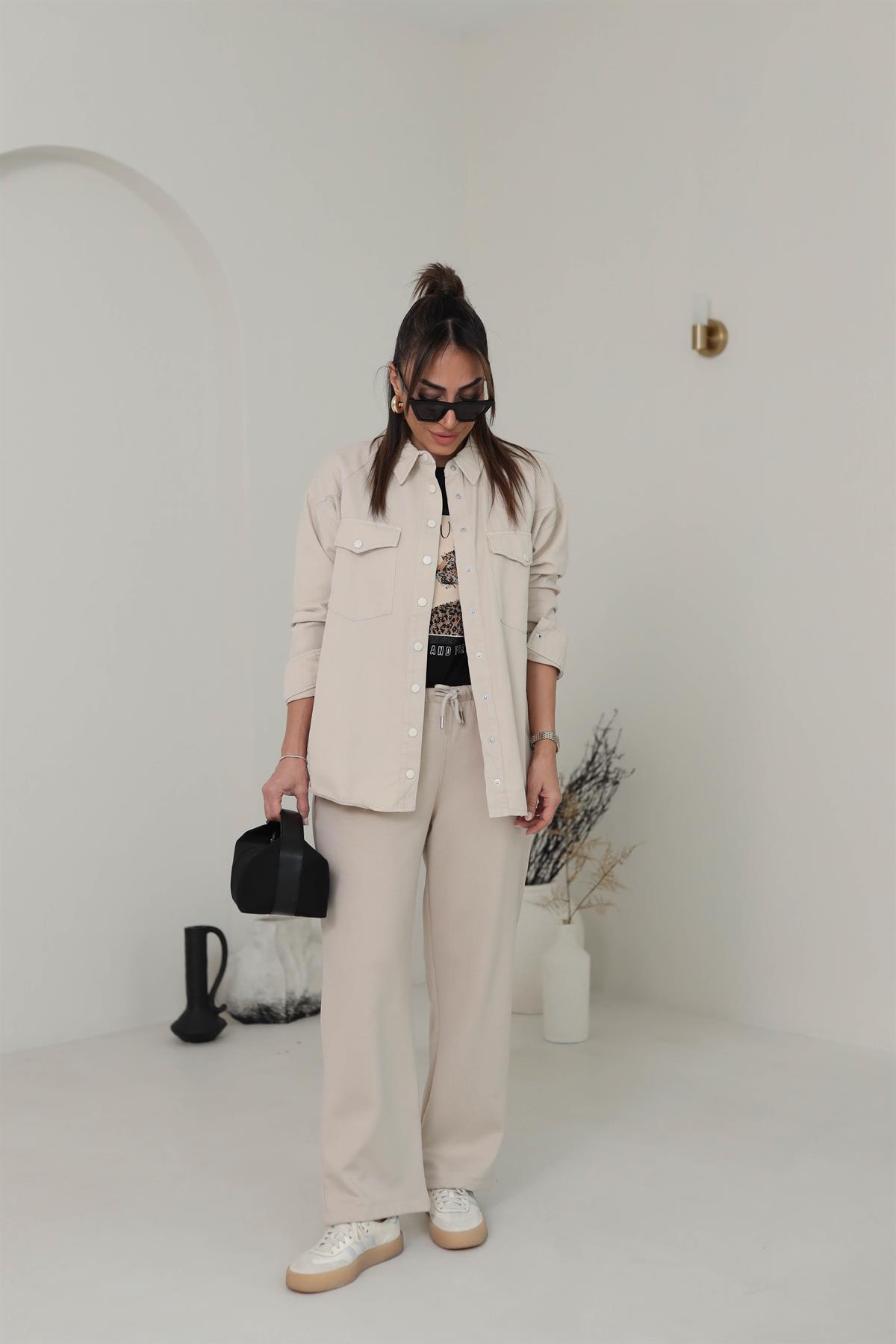 Beli Lastikli Yumuşak Doku Şardonlu Eşofman Altı BEJ