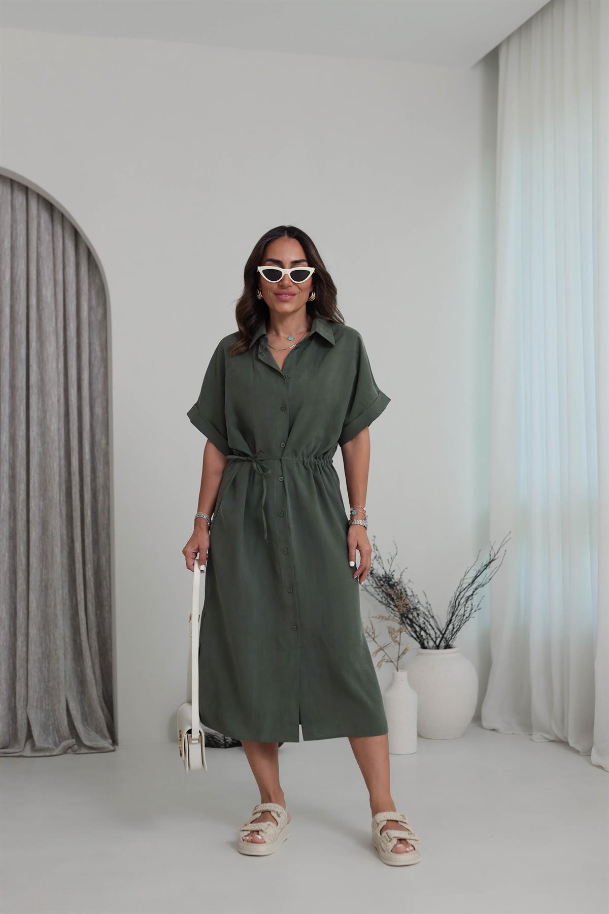 Bel Büzgülü Tencel Gömlek Elbise HAKİ YEŞİL