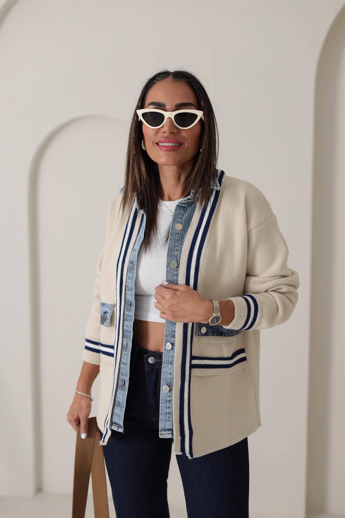 4587 Kot Garnili Çizgi Cep Detay Hırka