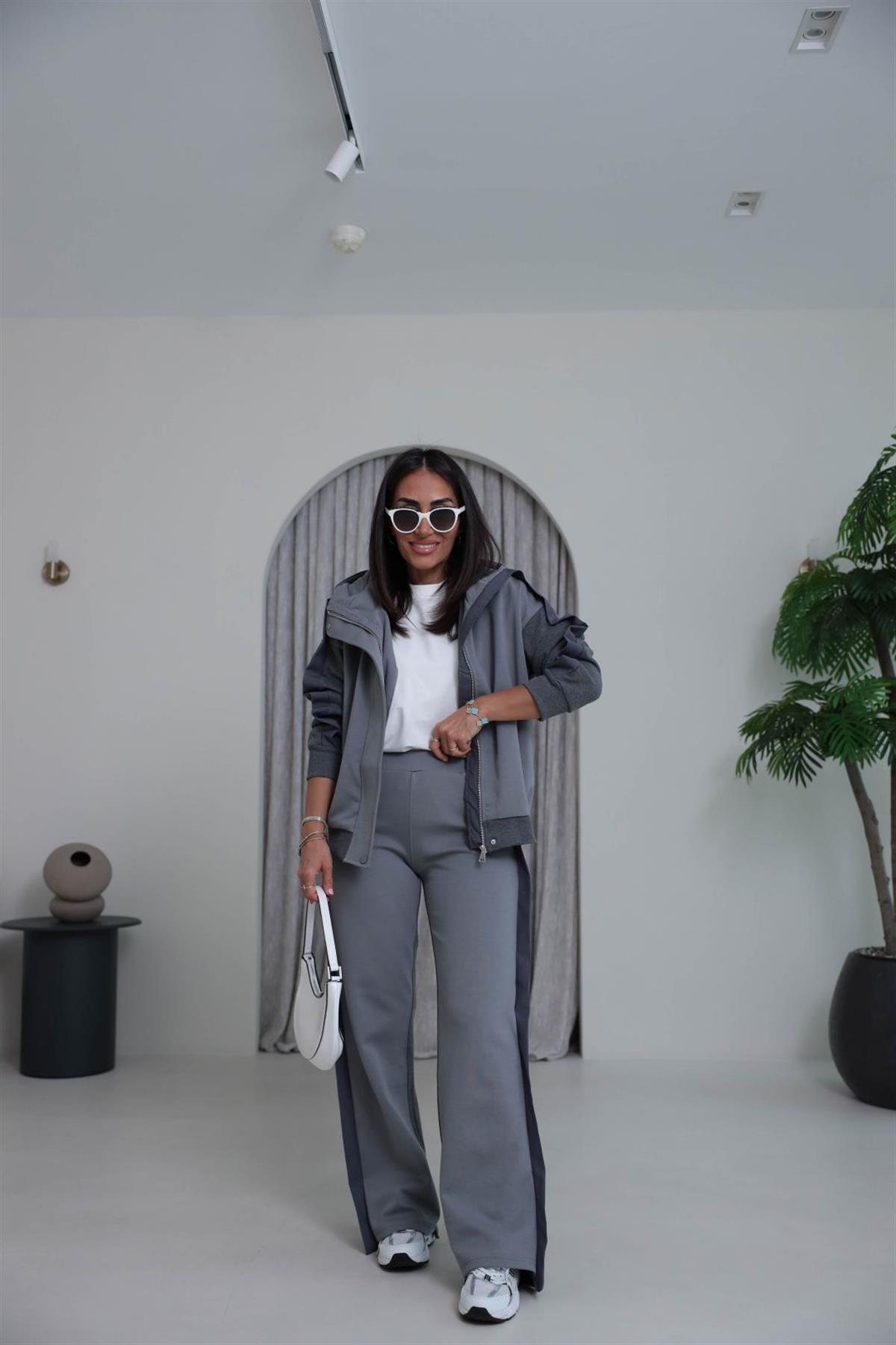 0739 Garnili Renk Bloklu Eşofman Takımı GRİ MELANJ